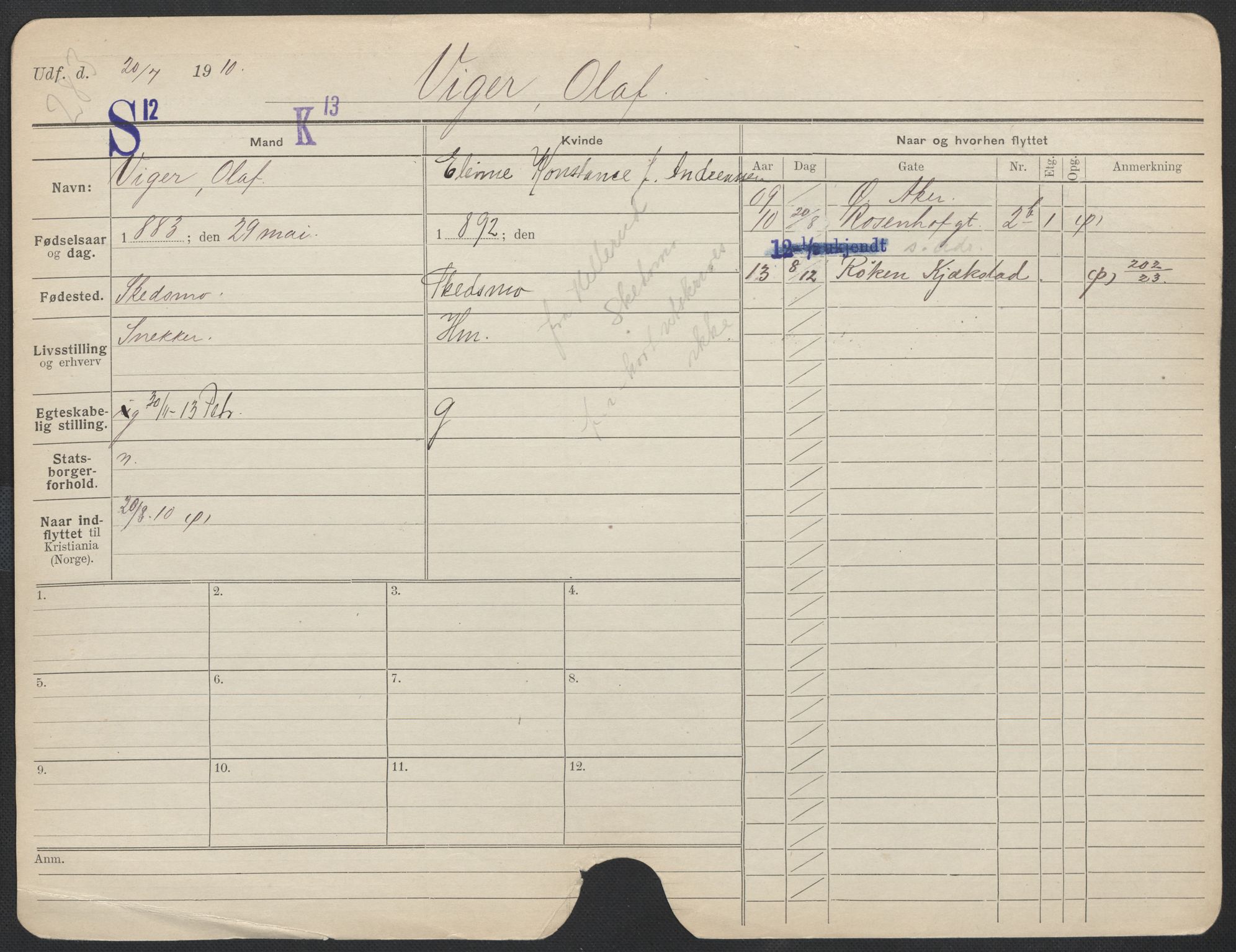 Oslo folkeregister, Registerkort, AV/SAO-A-11715/F/Fa/Fac/L0011: Menn, 1906-1914, p. 831a