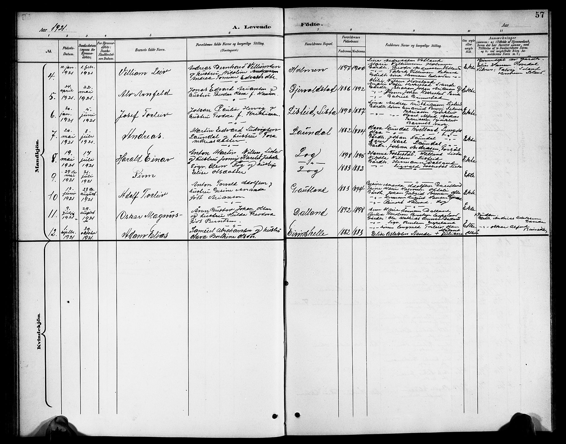 Herad sokneprestkontor, AV/SAK-1111-0018/F/Fb/Fba/L0005: Parish register (copy) no. B 5, 1899-1921, p. 57