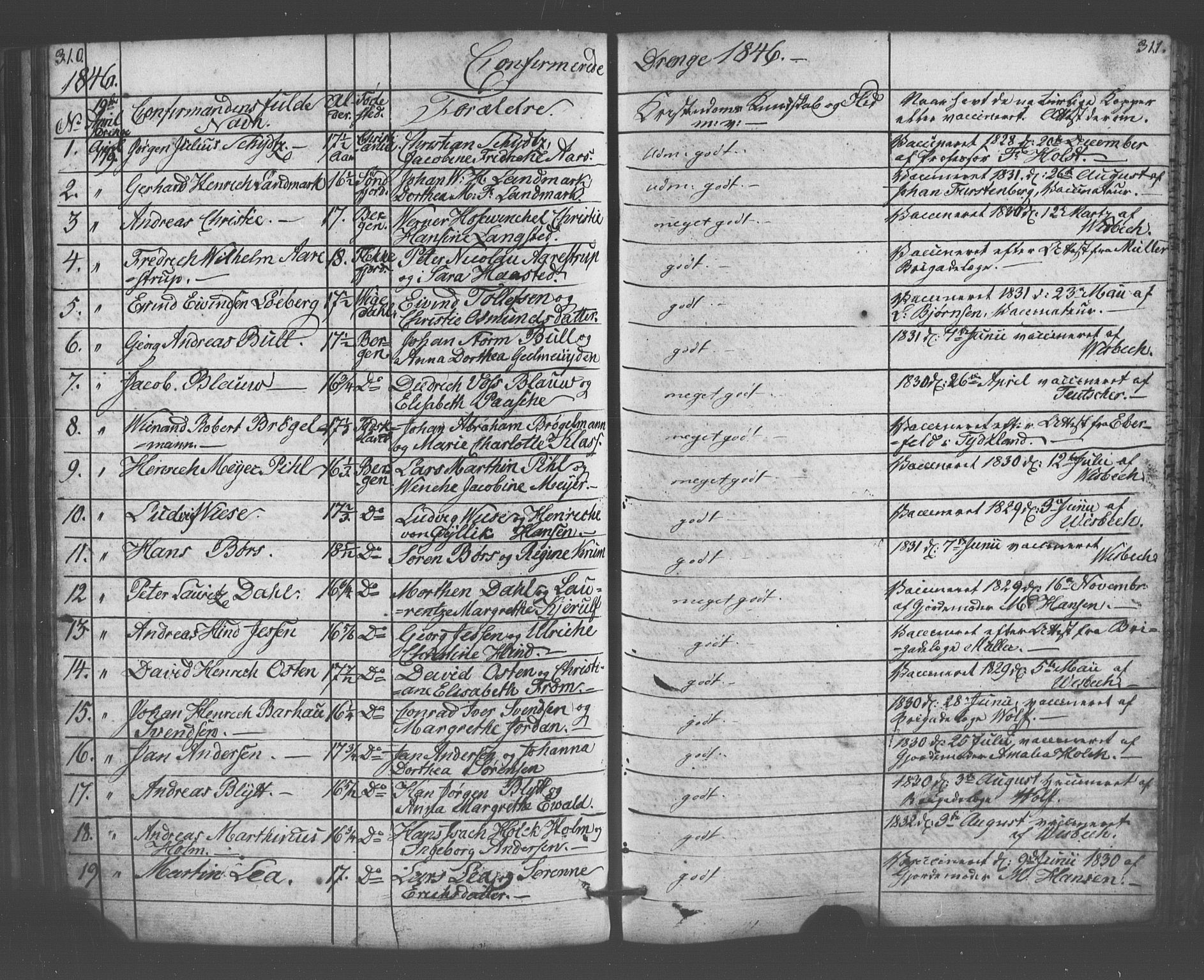 Domkirken sokneprestembete, SAB/A-74801/H/Haa/L0063: Curate's parish register no. A 1, 1821-1848, p. 310-311