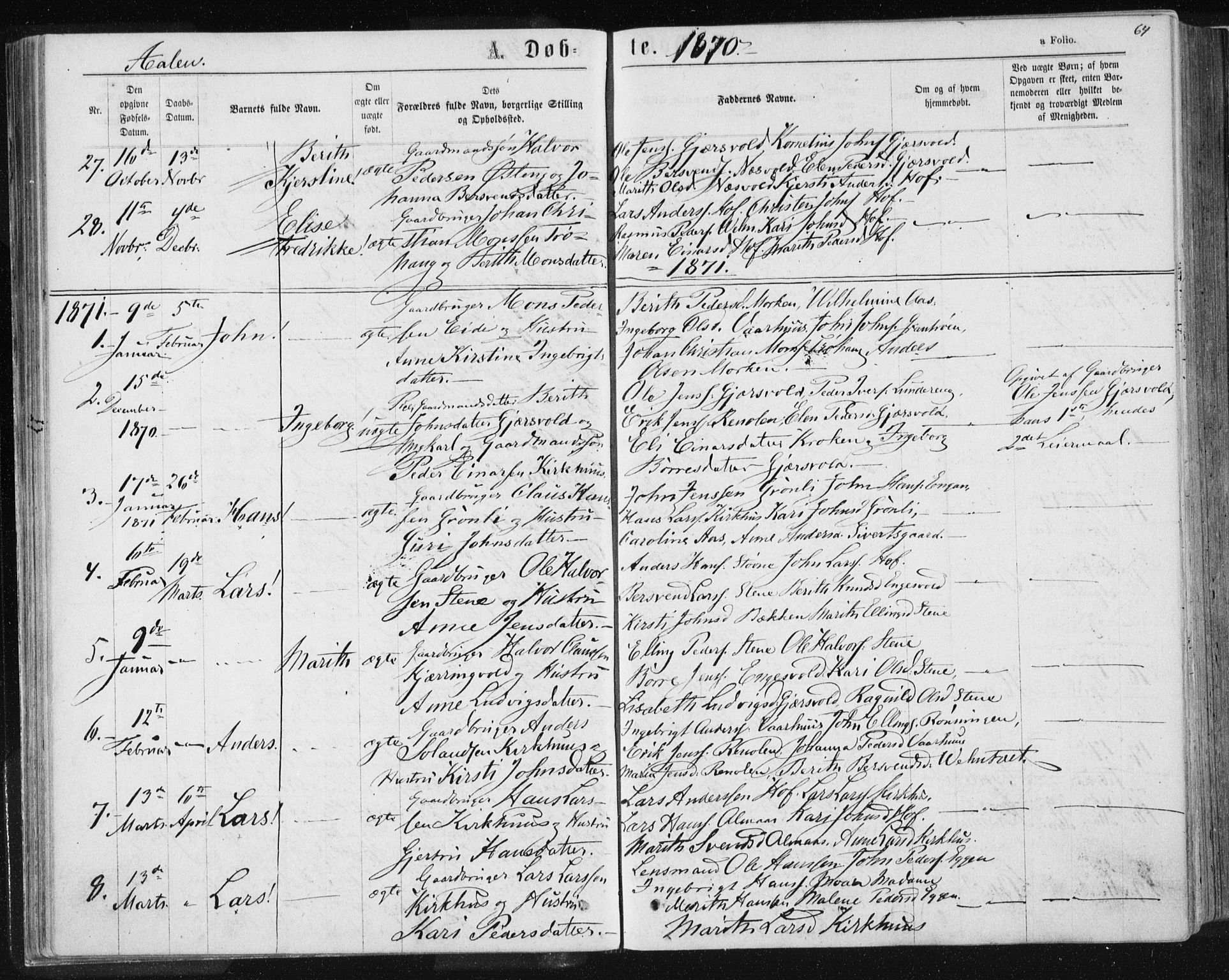 Ministerialprotokoller, klokkerbøker og fødselsregistre - Sør-Trøndelag, SAT/A-1456/685/L0971: Parish register (official) no. 685A08 /3, 1870-1879, p. 64