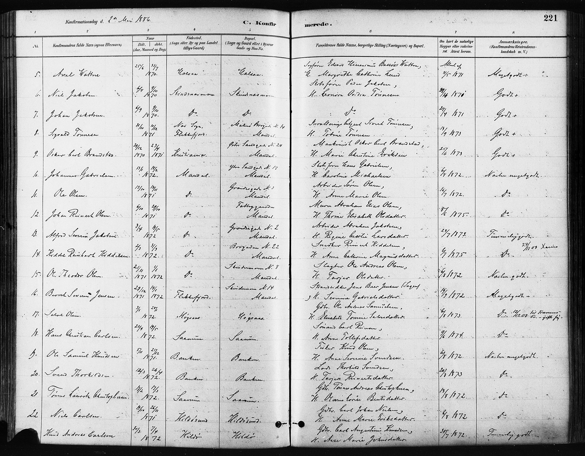 Mandal sokneprestkontor, SAK/1111-0030/F/Fa/Faa/L0016: Parish register (official) no. A 16, 1880-1890, p. 221