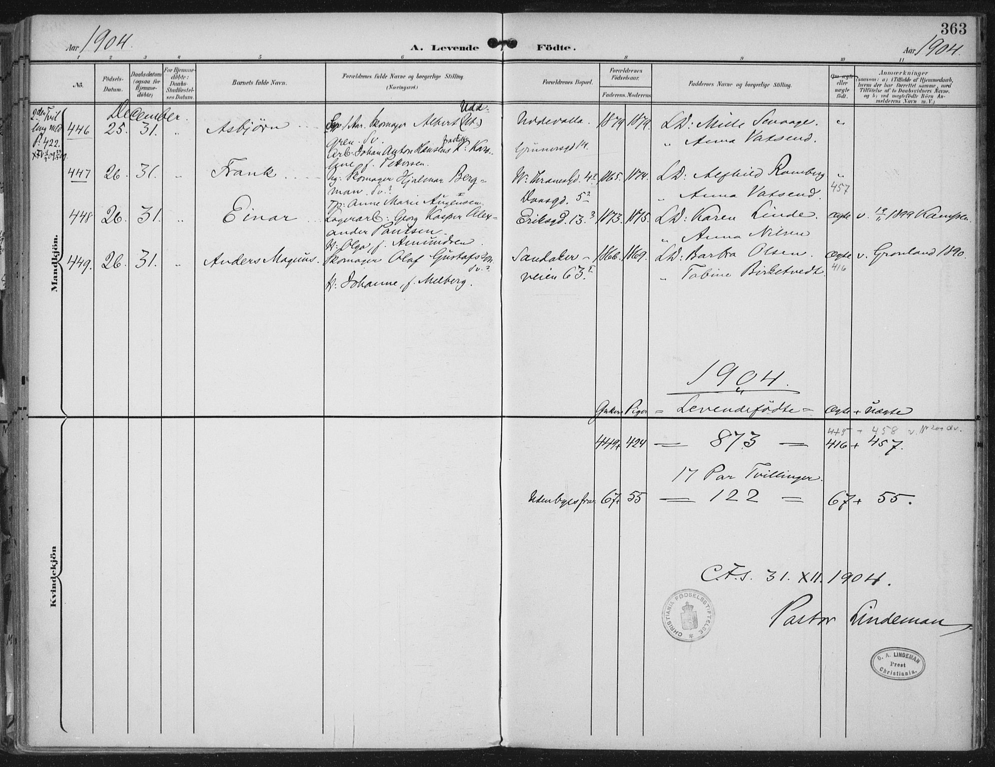 Rikshospitalet prestekontor Kirkebøker, SAO/A-10309b/F/L0012: Parish register (official) no. 12, 1901-1904, p. 363