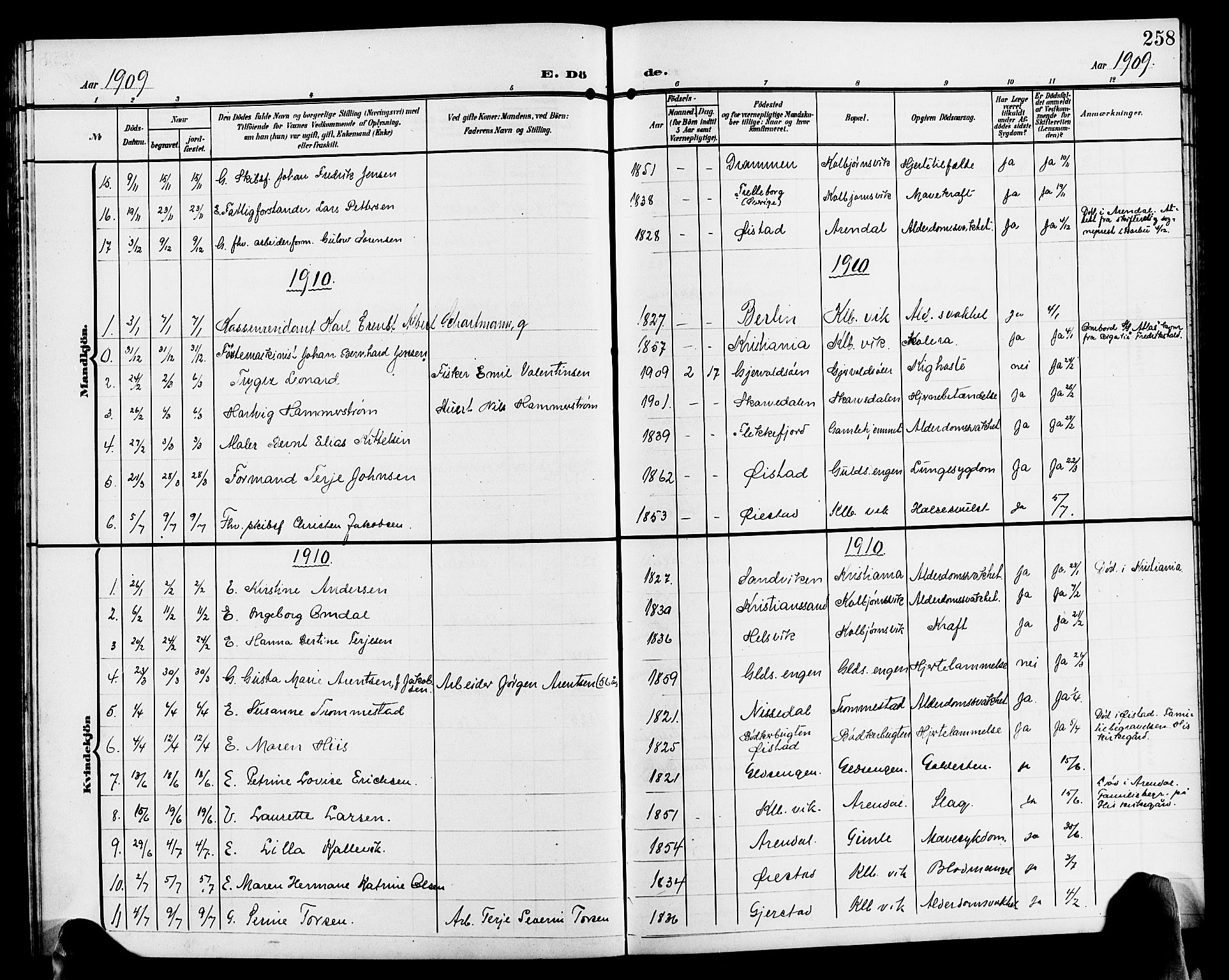 Hisøy sokneprestkontor, SAK/1111-0020/F/Fb/L0004: Parish register (copy) no. B 4, 1905-1923, p. 258