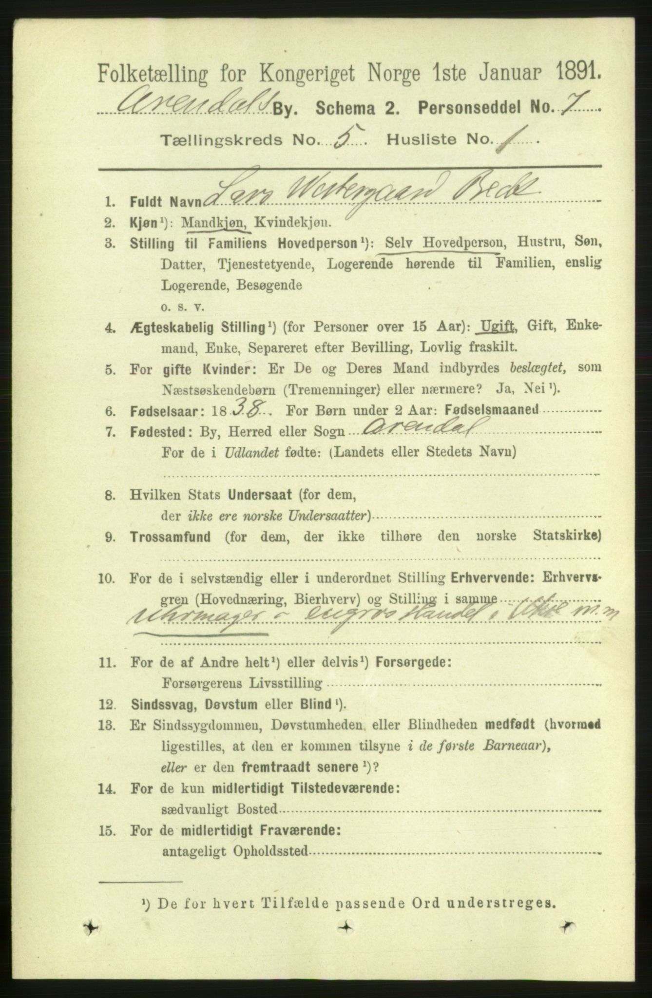 RA, 1891 census for 0903 Arendal, 1891, p. 1795