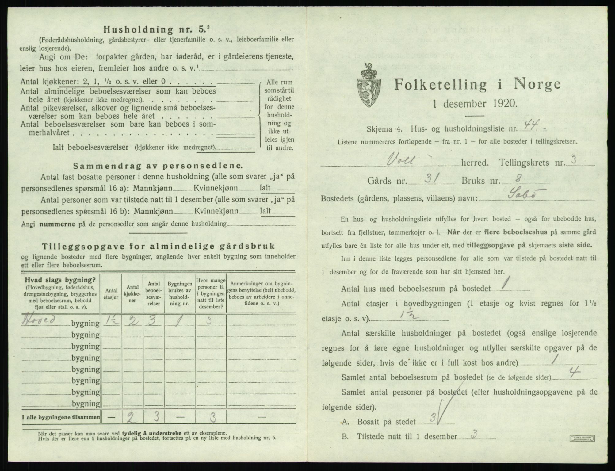 SAT, 1920 census for Voll, 1920, p. 255