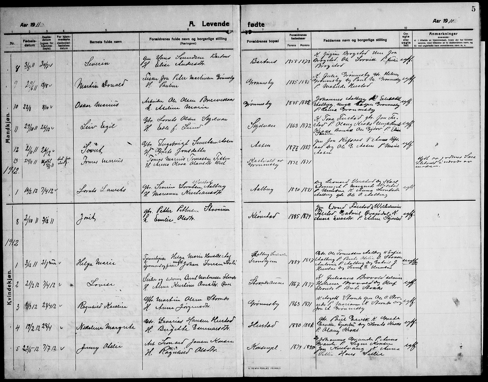Ministerialprotokoller, klokkerbøker og fødselsregistre - Nord-Trøndelag, SAT/A-1458/732/L0319: Parish register (copy) no. 732C03, 1911-1945, p. 5