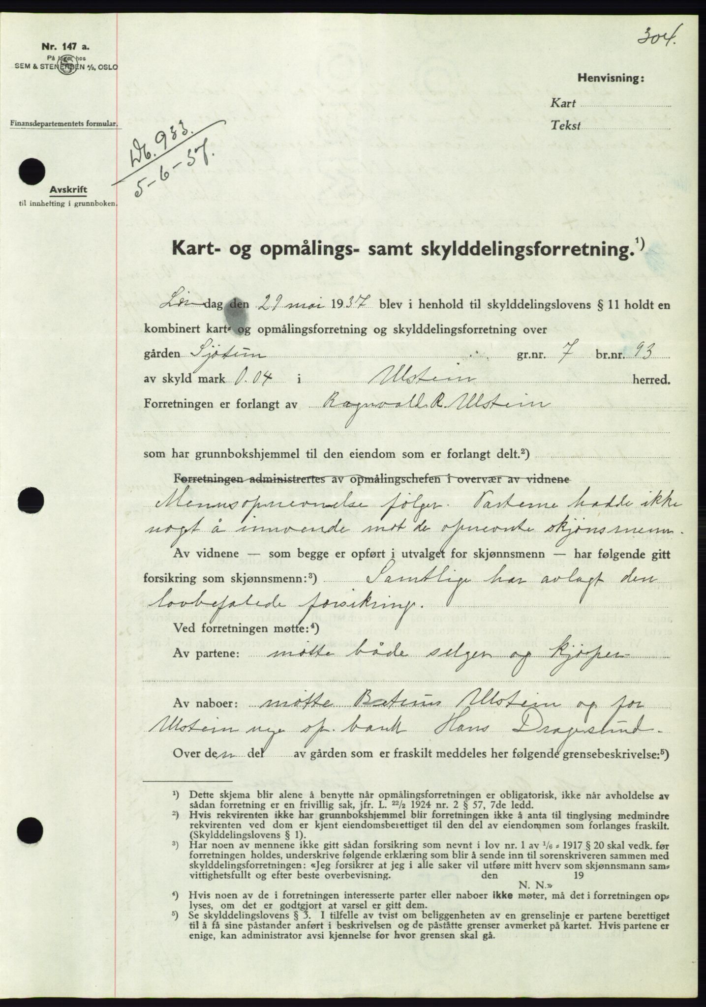 Søre Sunnmøre sorenskriveri, AV/SAT-A-4122/1/2/2C/L0063: Mortgage book no. 57, 1937-1937, Diary no: : 933/1937