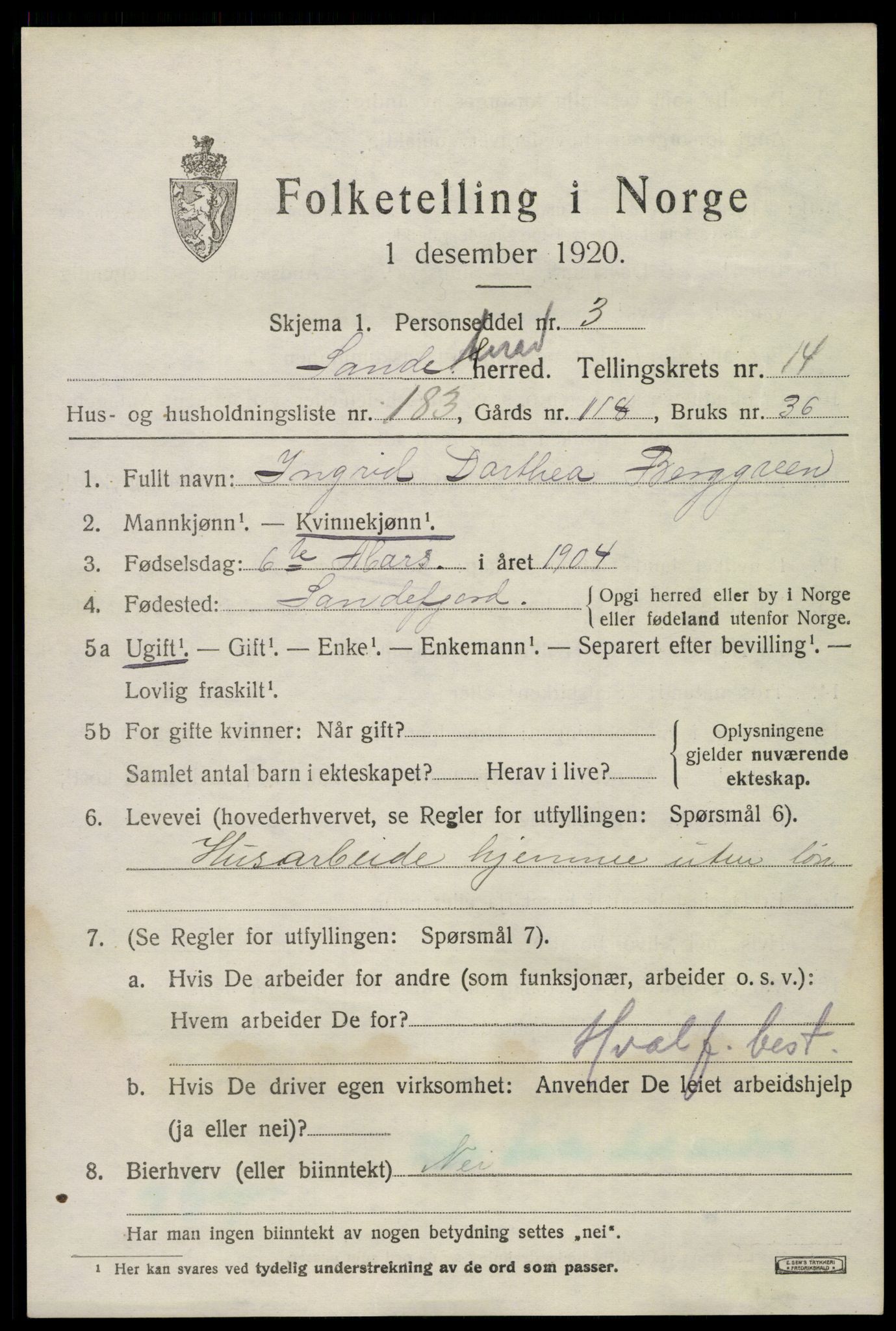 SAKO, 1920 census for Sandeherred, 1920, p. 22906