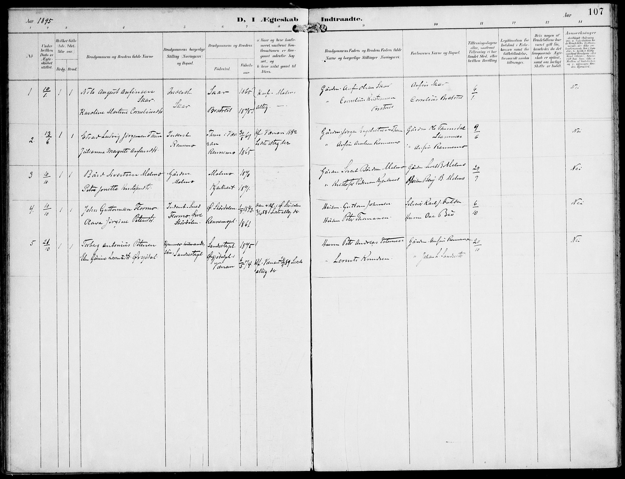Ministerialprotokoller, klokkerbøker og fødselsregistre - Nord-Trøndelag, SAT/A-1458/745/L0430: Parish register (official) no. 745A02, 1895-1913, p. 107