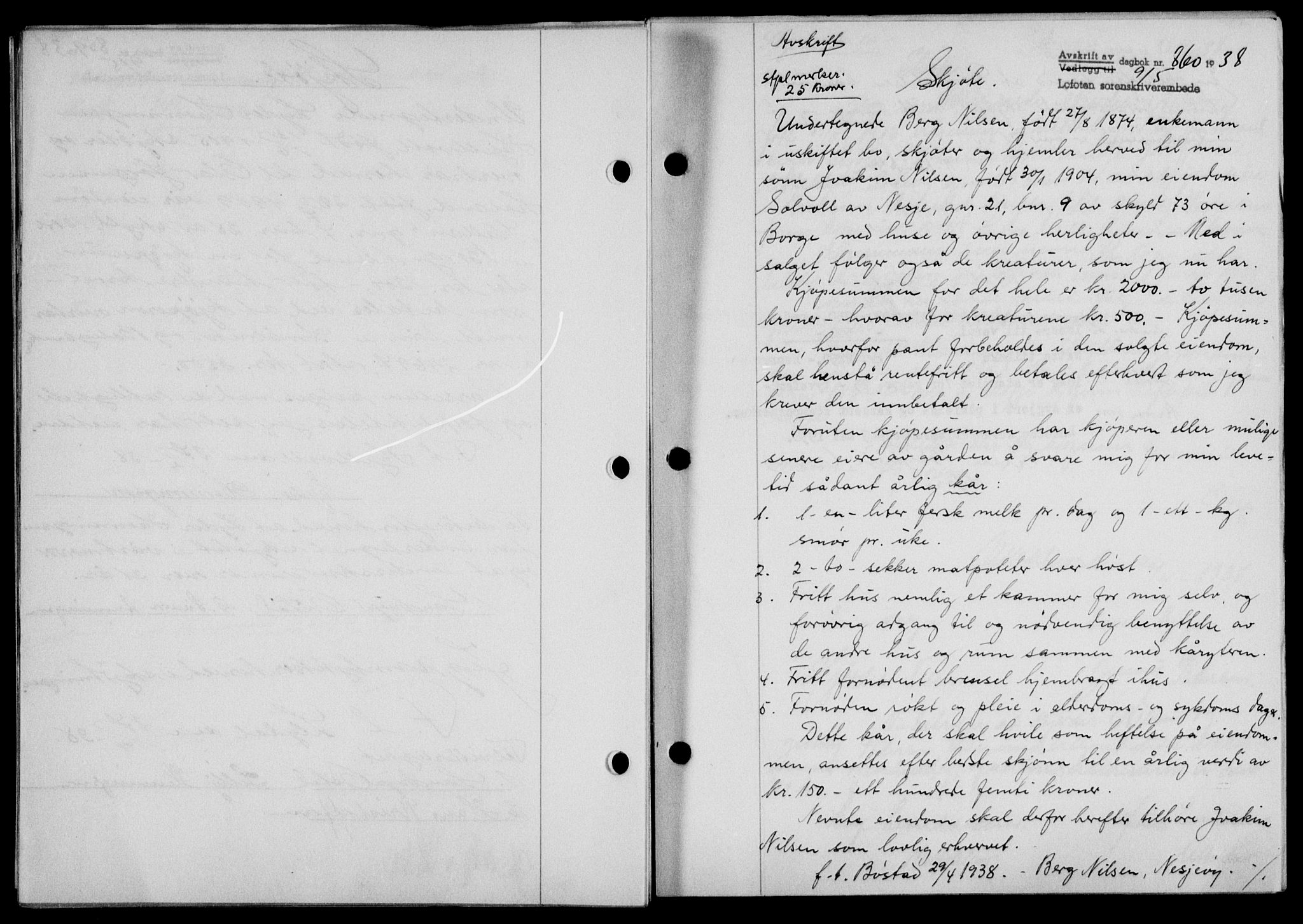 Lofoten sorenskriveri, SAT/A-0017/1/2/2C/L0004a: Mortgage book no. 4a, 1938-1938, Diary no: : 860/1938