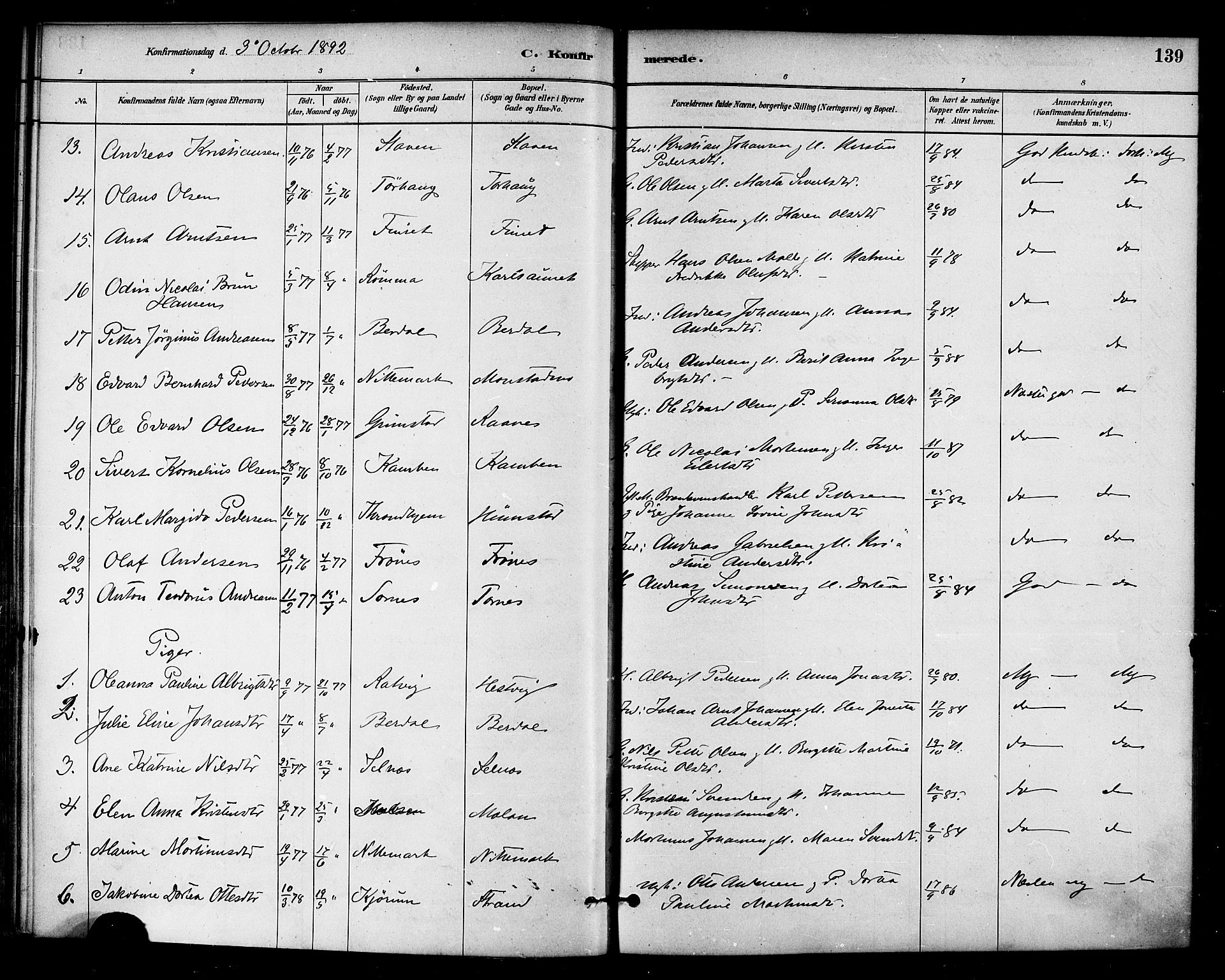 Ministerialprotokoller, klokkerbøker og fødselsregistre - Sør-Trøndelag, SAT/A-1456/655/L0680: Parish register (official) no. 655A09, 1880-1894, p. 139