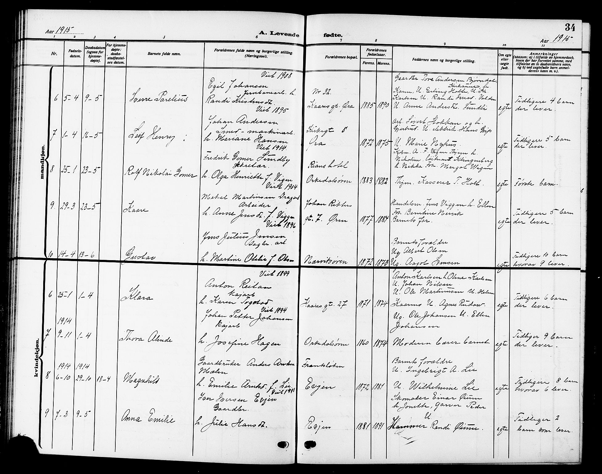 Ministerialprotokoller, klokkerbøker og fødselsregistre - Sør-Trøndelag, SAT/A-1456/669/L0831: Parish register (copy) no. 669C01, 1909-1924, p. 34