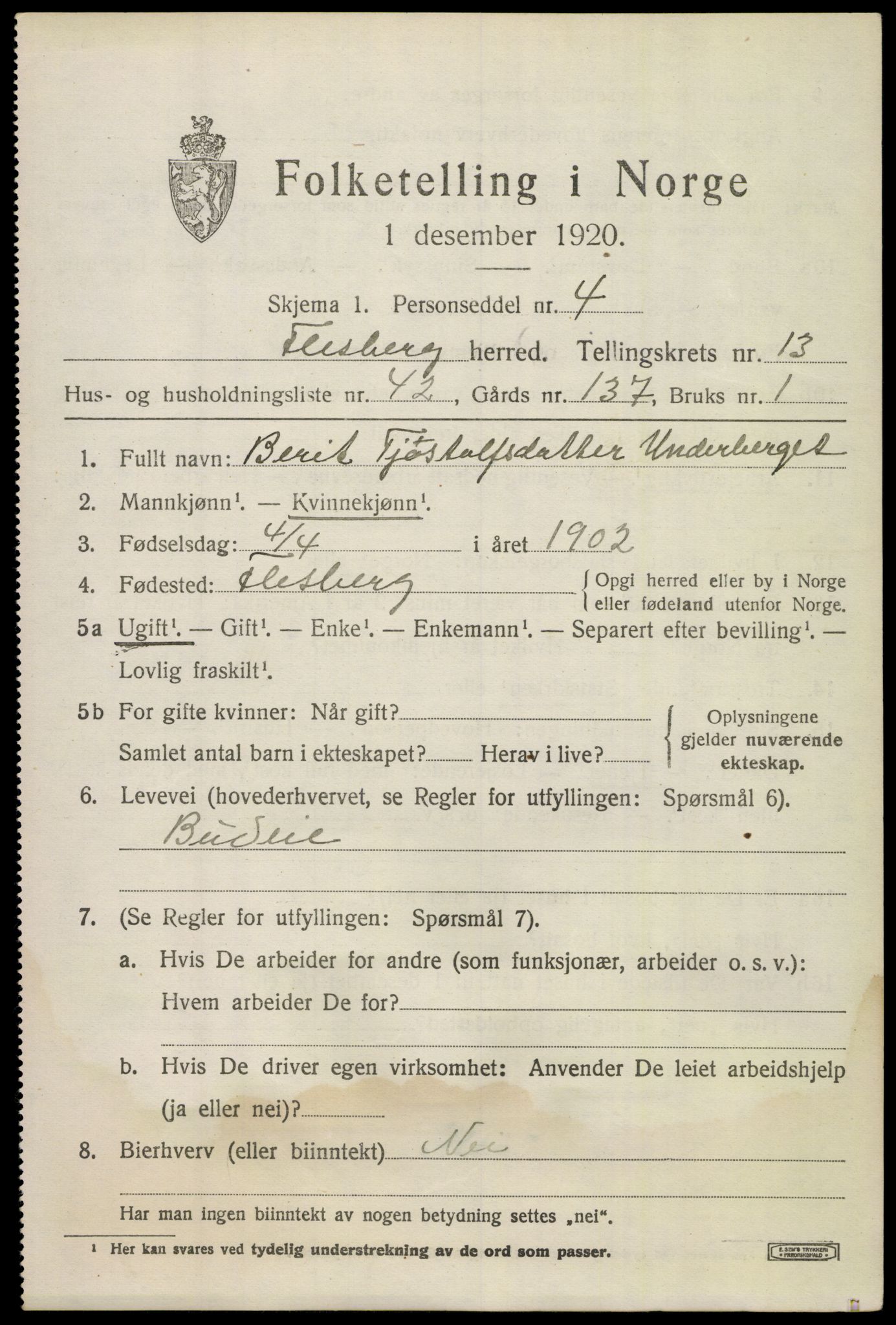 SAKO, 1920 census for Flesberg, 1920, p. 4489