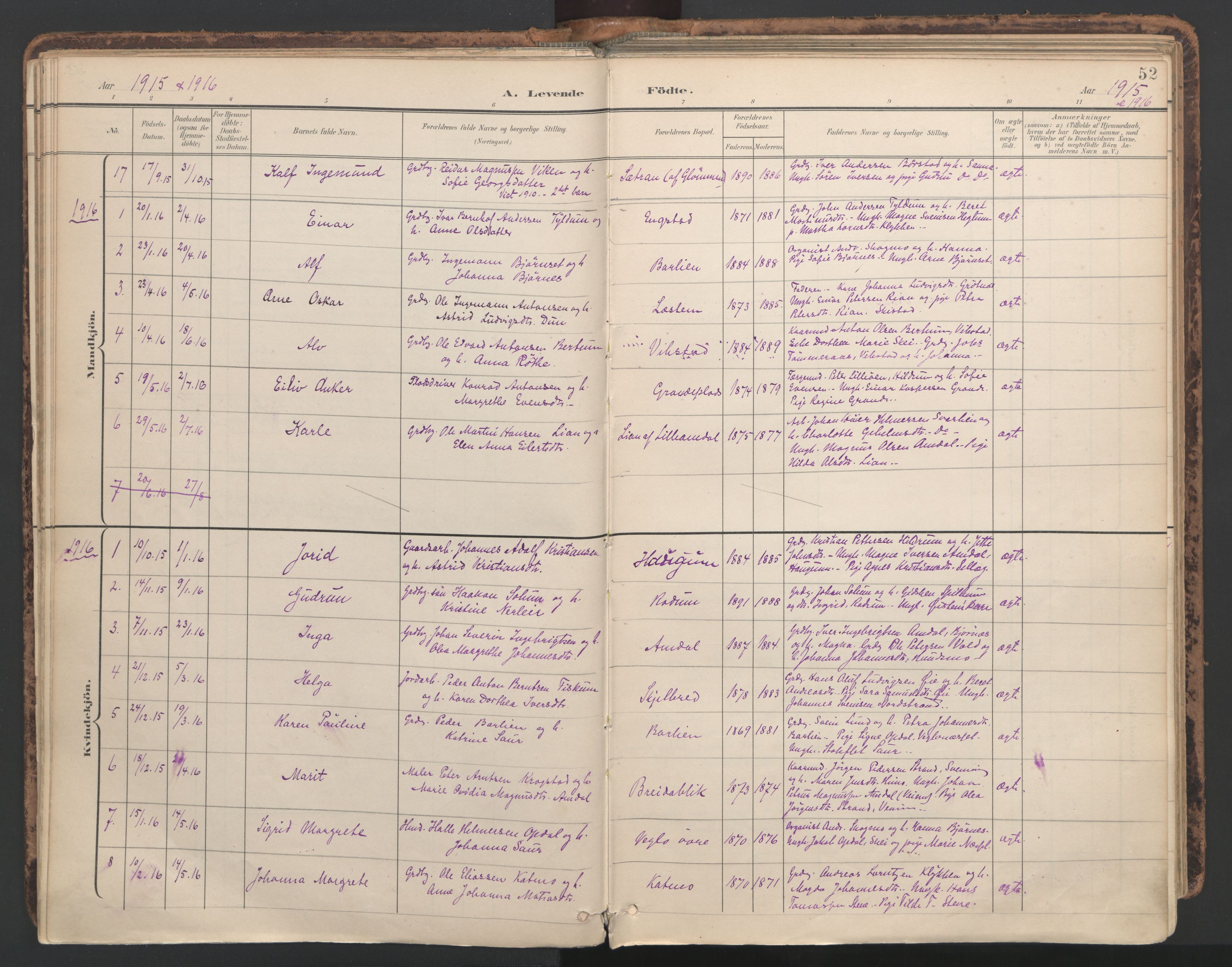 Ministerialprotokoller, klokkerbøker og fødselsregistre - Nord-Trøndelag, AV/SAT-A-1458/764/L0556: Parish register (official) no. 764A11, 1897-1924, p. 52