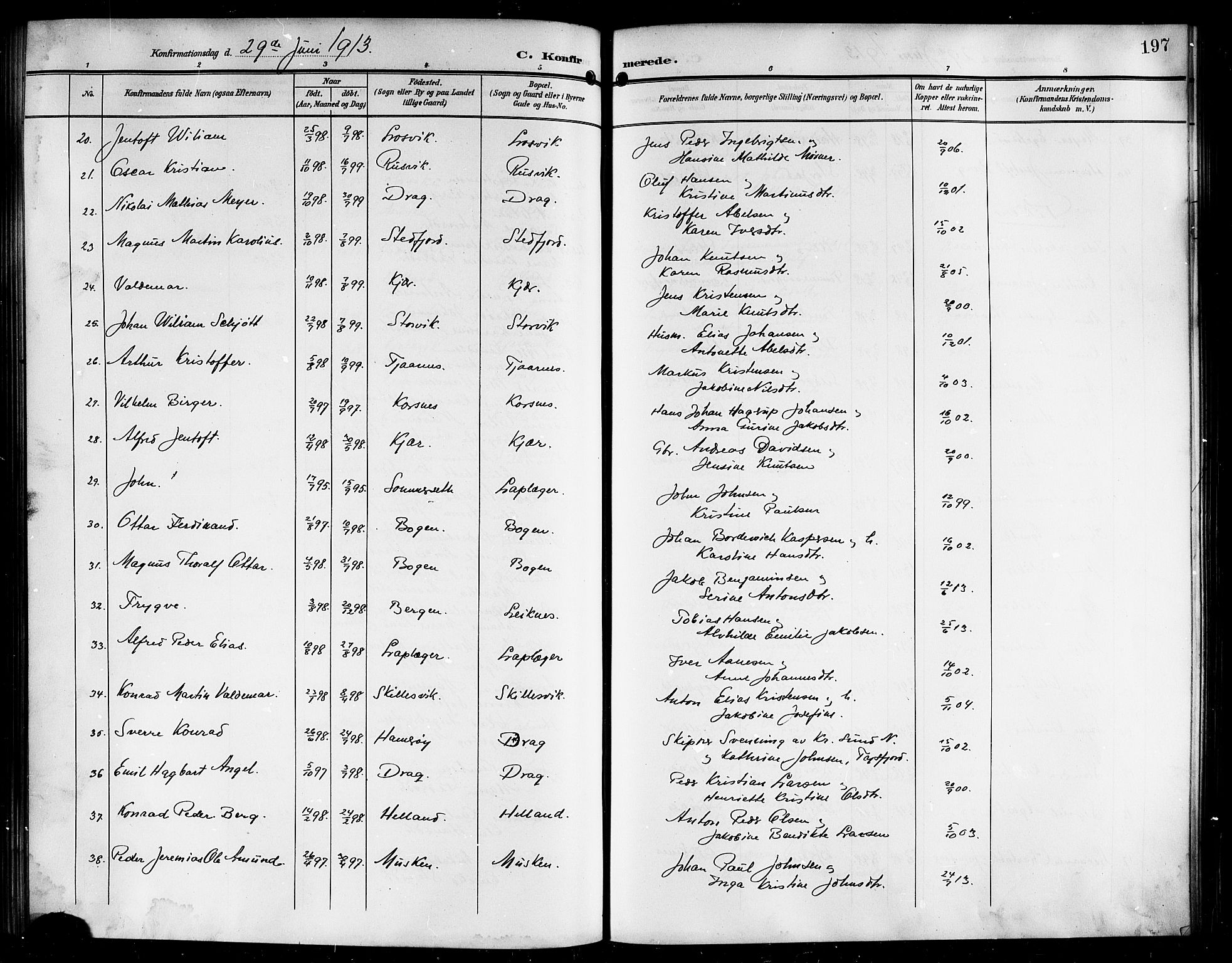 Ministerialprotokoller, klokkerbøker og fødselsregistre - Nordland, AV/SAT-A-1459/861/L0877: Parish register (copy) no. 861C03, 1903-1919, p. 197