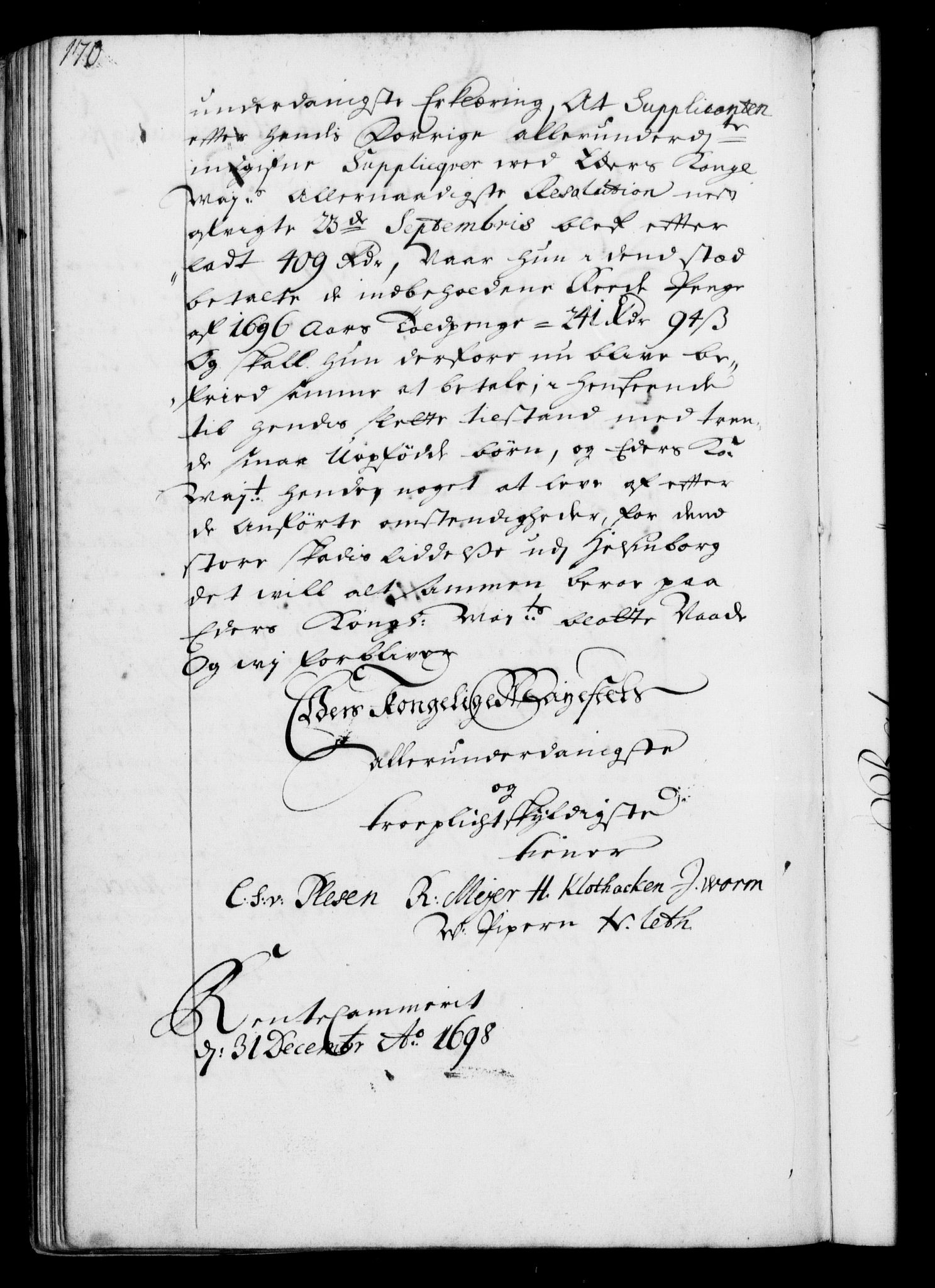 Rentekammeret, Kammerkanselliet, RA/EA-3111/G/Gf/Gfa/L0001: Resolusjonsprotokoll med register (merket RK 52.1), 1695-1706, p. 170