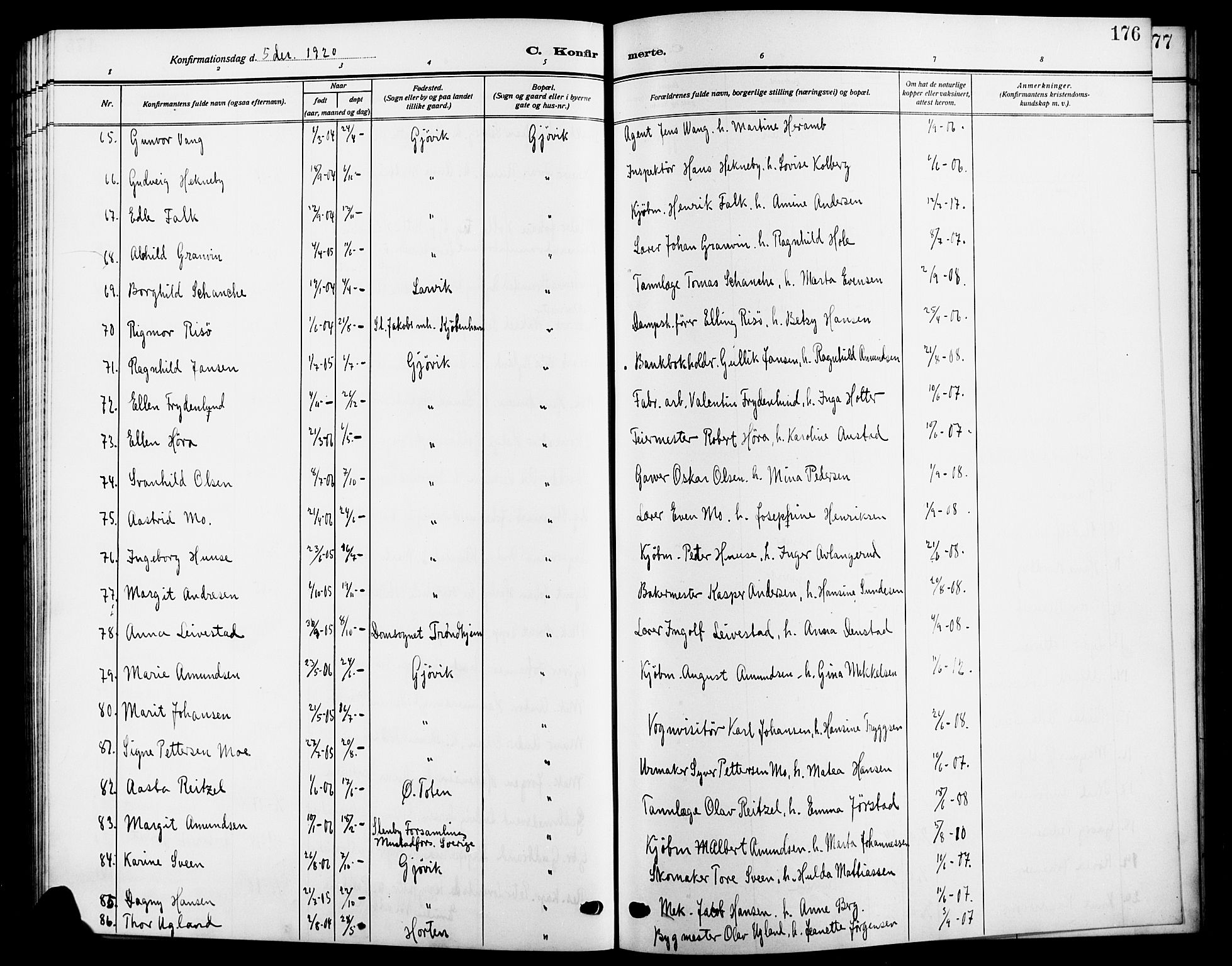 Vardal prestekontor, AV/SAH-PREST-100/H/Ha/Hab/L0014: Parish register (copy) no. 14, 1911-1922, p. 176