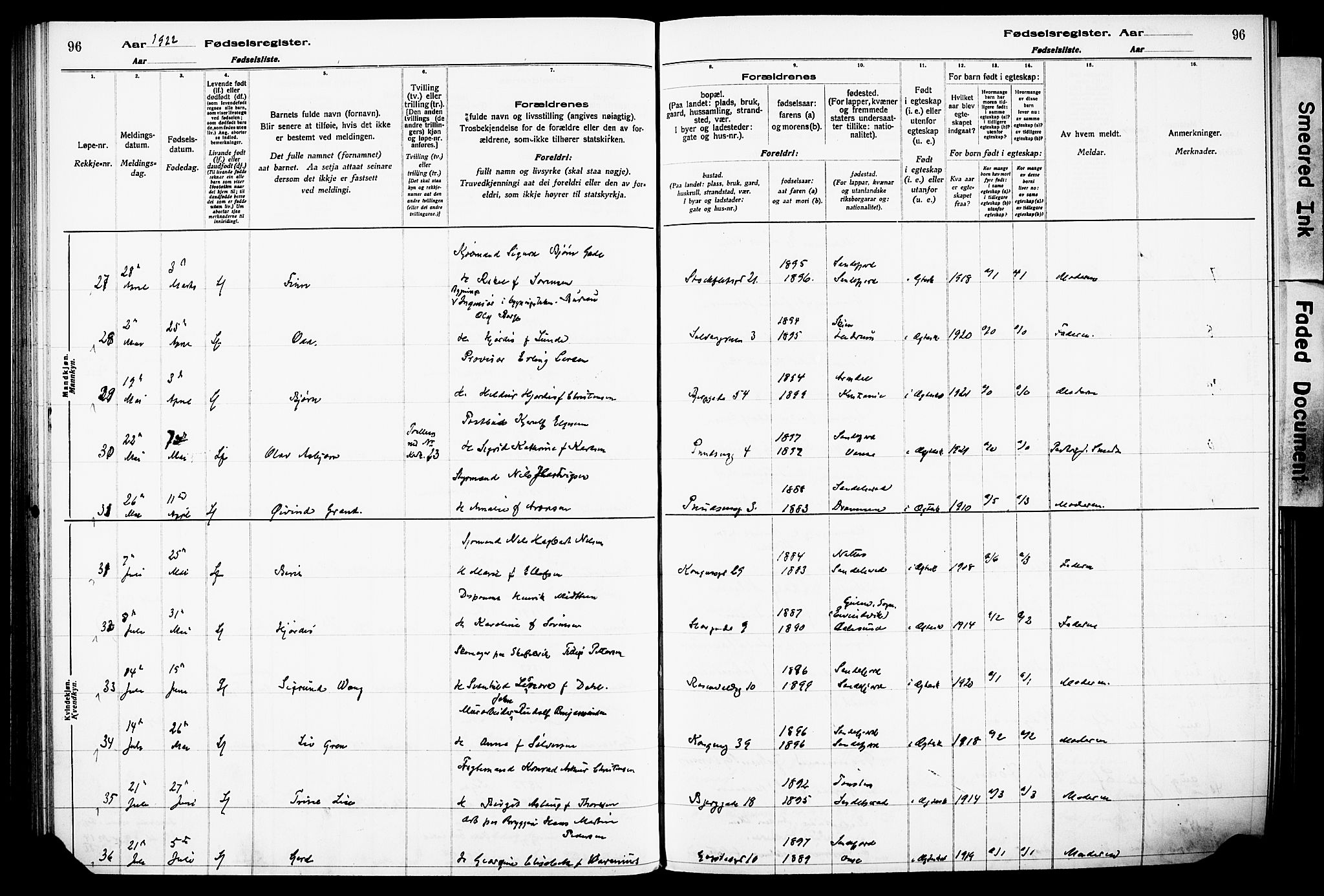 Sandefjord kirkebøker, AV/SAKO-A-315/J/Ja/L0001: Birth register no. 1, 1916-1932, p. 96