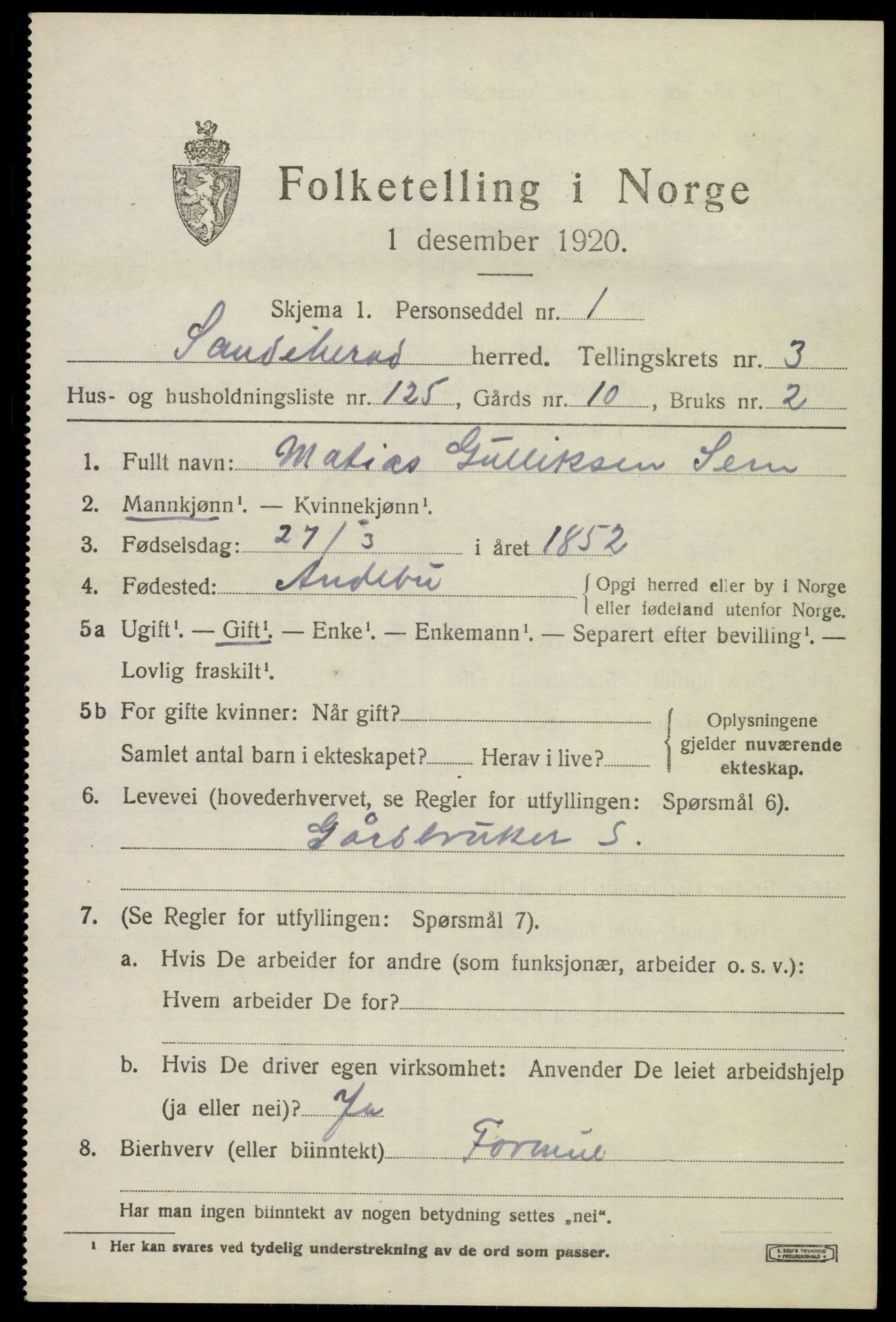 SAKO, 1920 census for Sandeherred, 1920, p. 6648