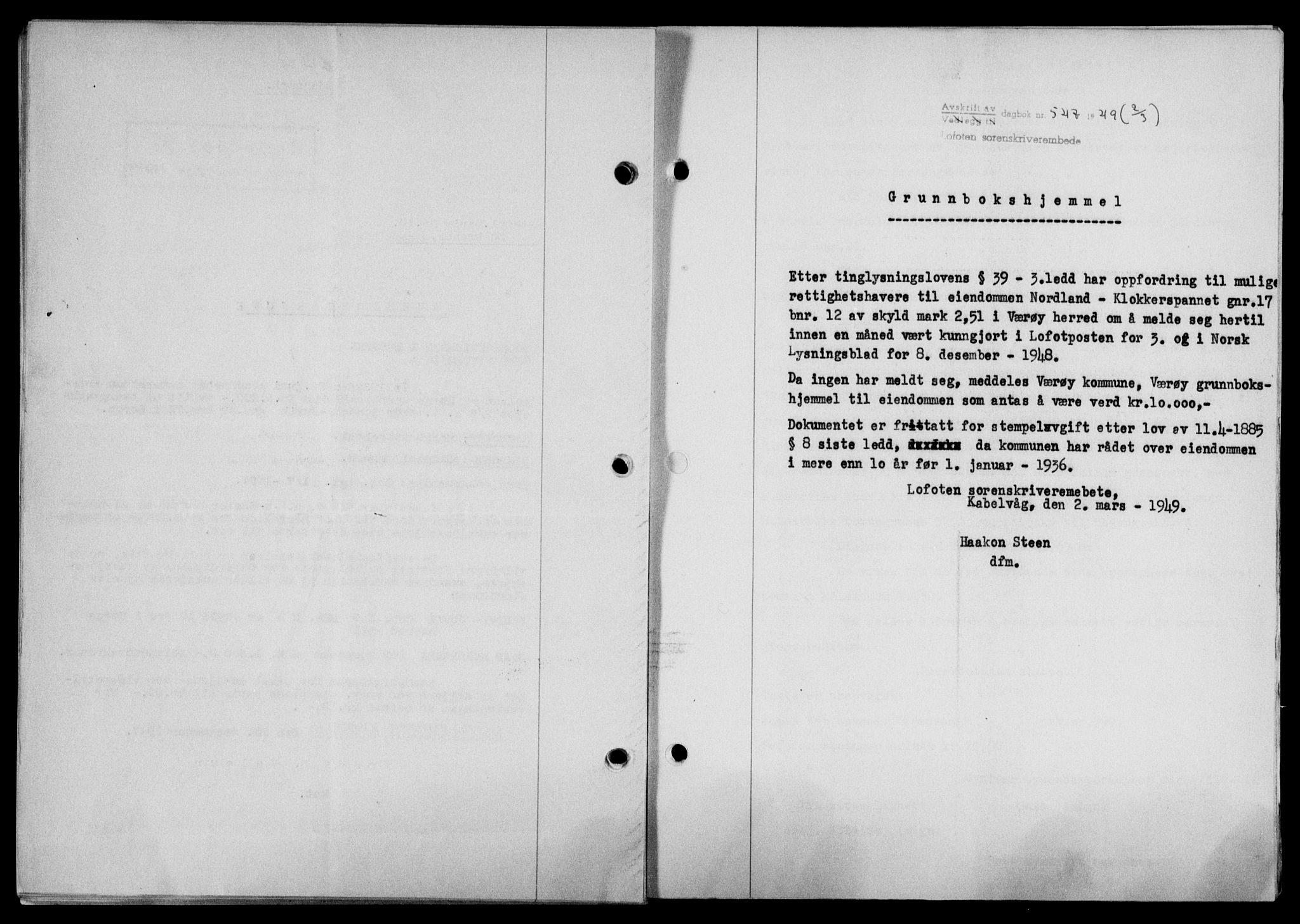 Lofoten sorenskriveri, SAT/A-0017/1/2/2C/L0020a: Mortgage book no. 20a, 1948-1949, Diary no: : 547/1949