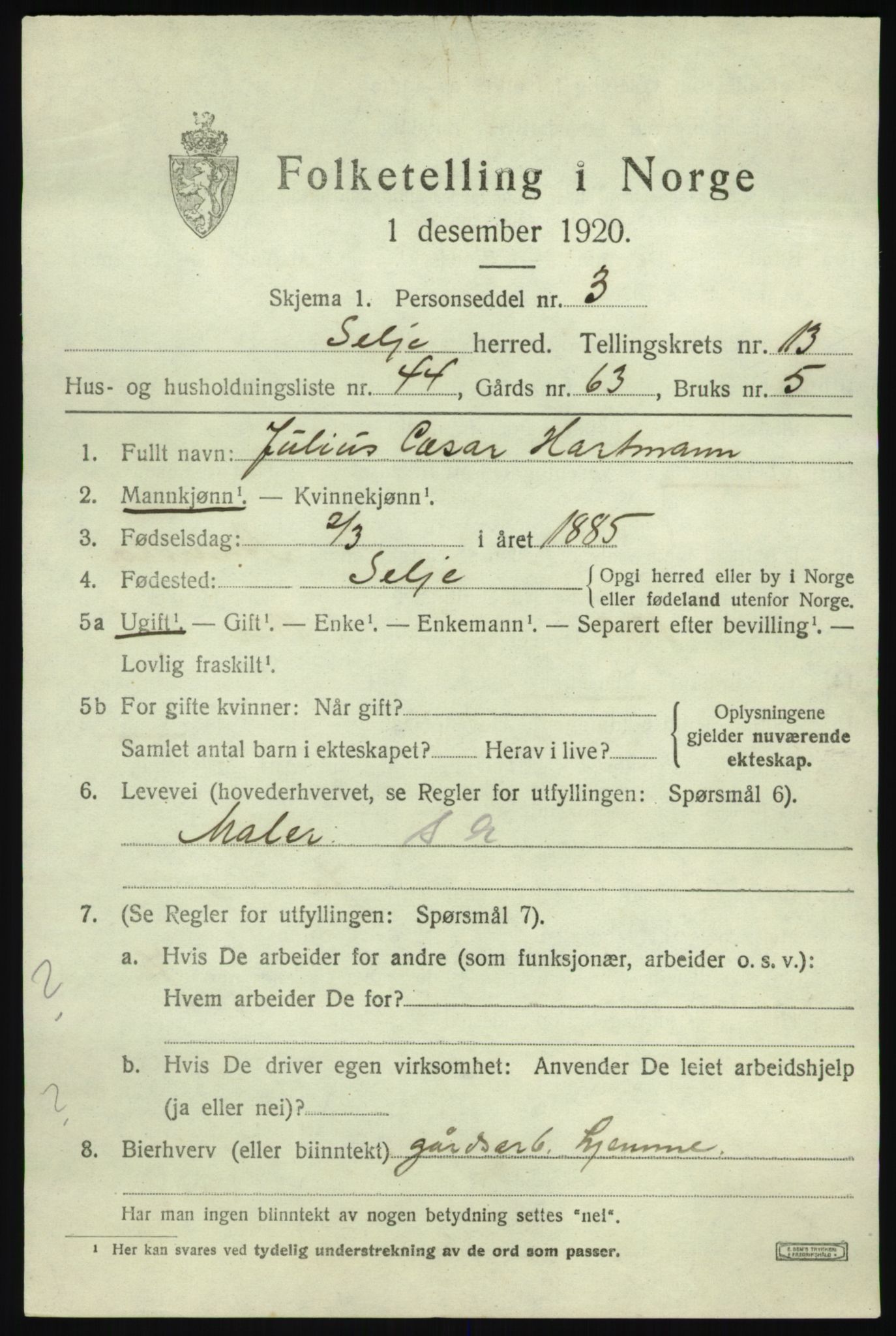 SAB, 1920 census for Selje, 1920, p. 6161