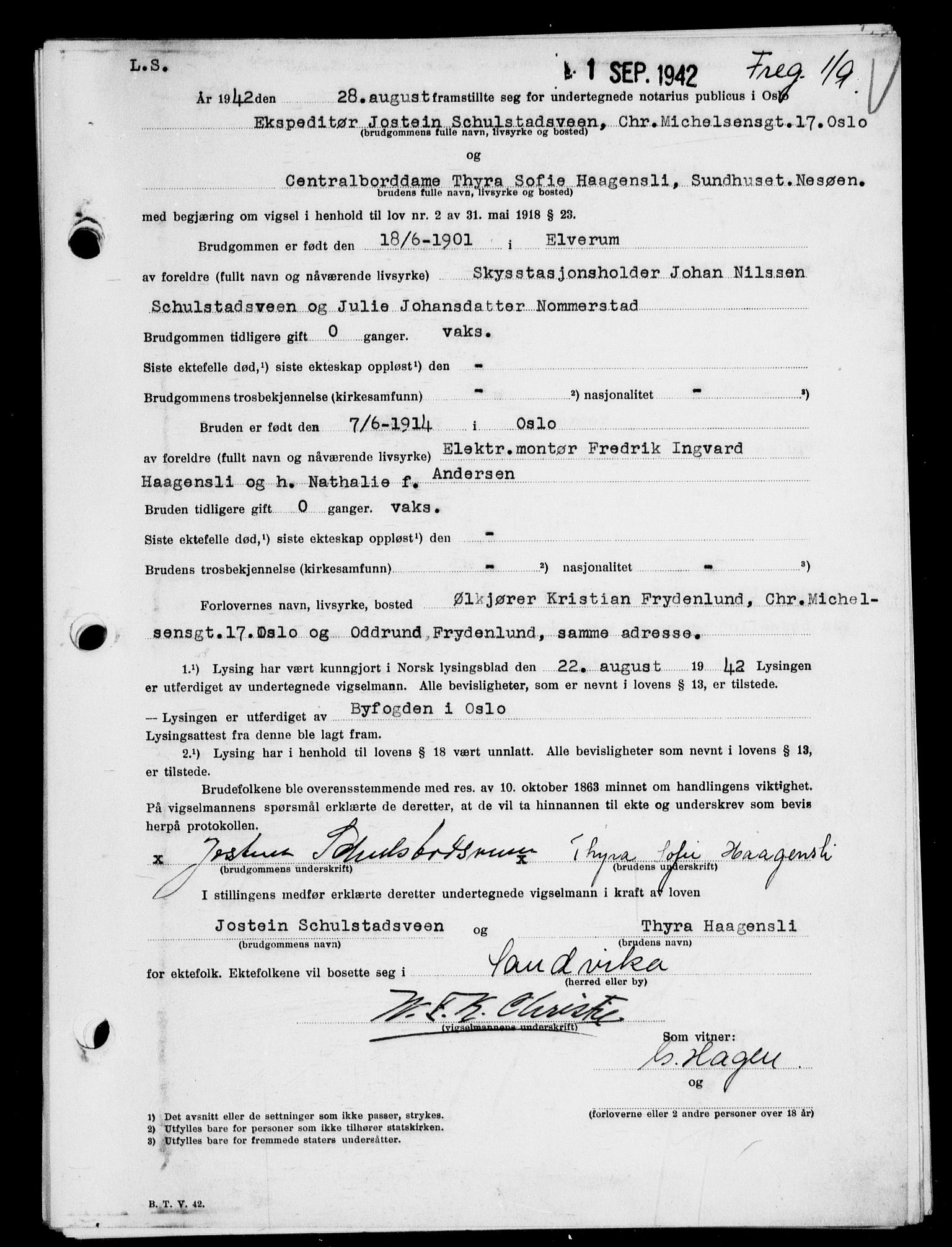 Oslo byfogd avd. I, AV/SAO-A-10220/L/Lb/Lbb/L0041: Notarialprotokoll, rekke II: Vigsler, 1942