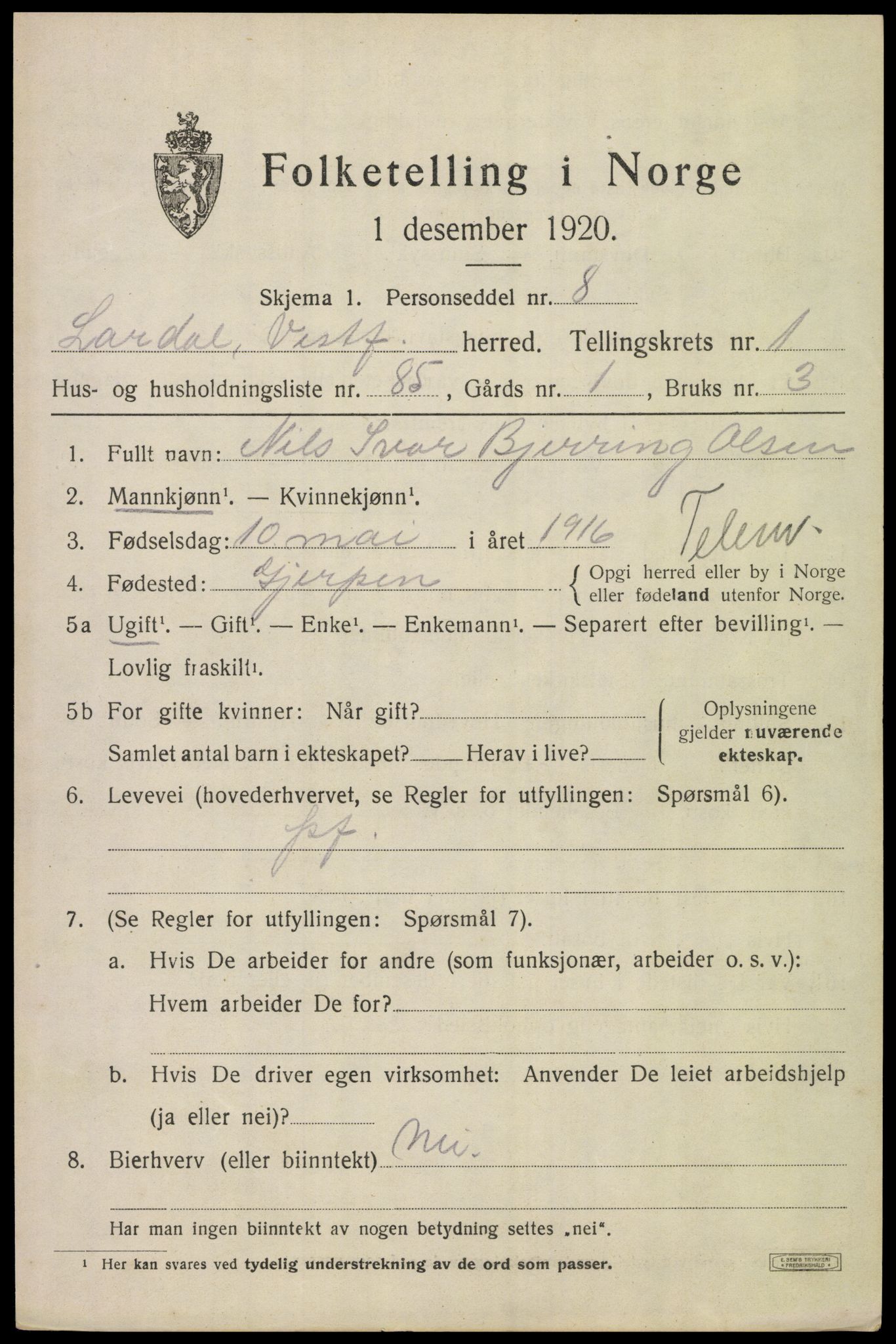 SAKO, 1920 census for Lardal, 1920, p. 1975