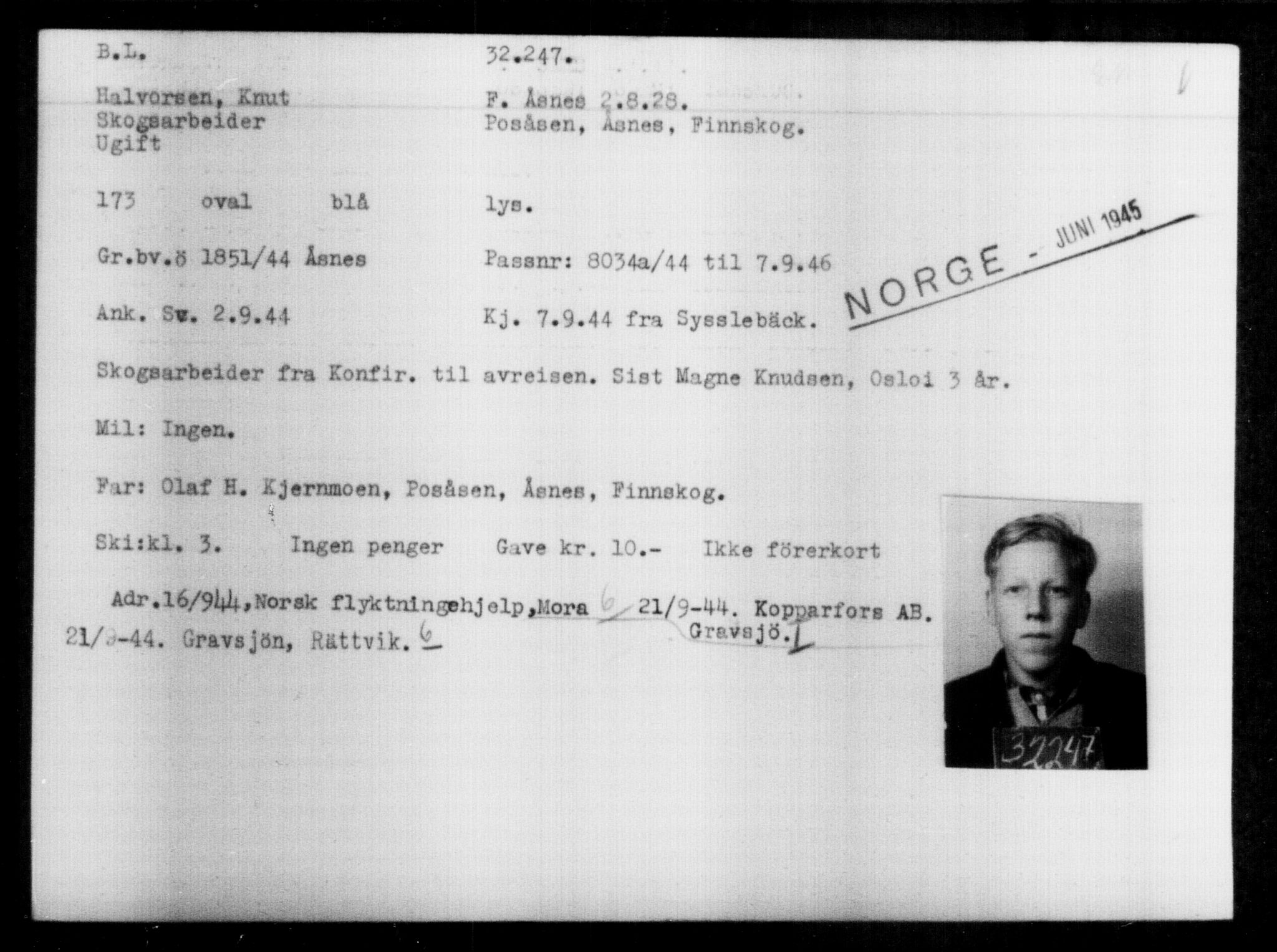 Utenriksstasjonene, Legasjonen i Stockholm, Flyktningkontoret, AV/RA-S-6753/V/Va/L0013: Kjesäterkartoteket, flyktninger med registreringsnr. 31500-34731, 1940-1945, p. 795