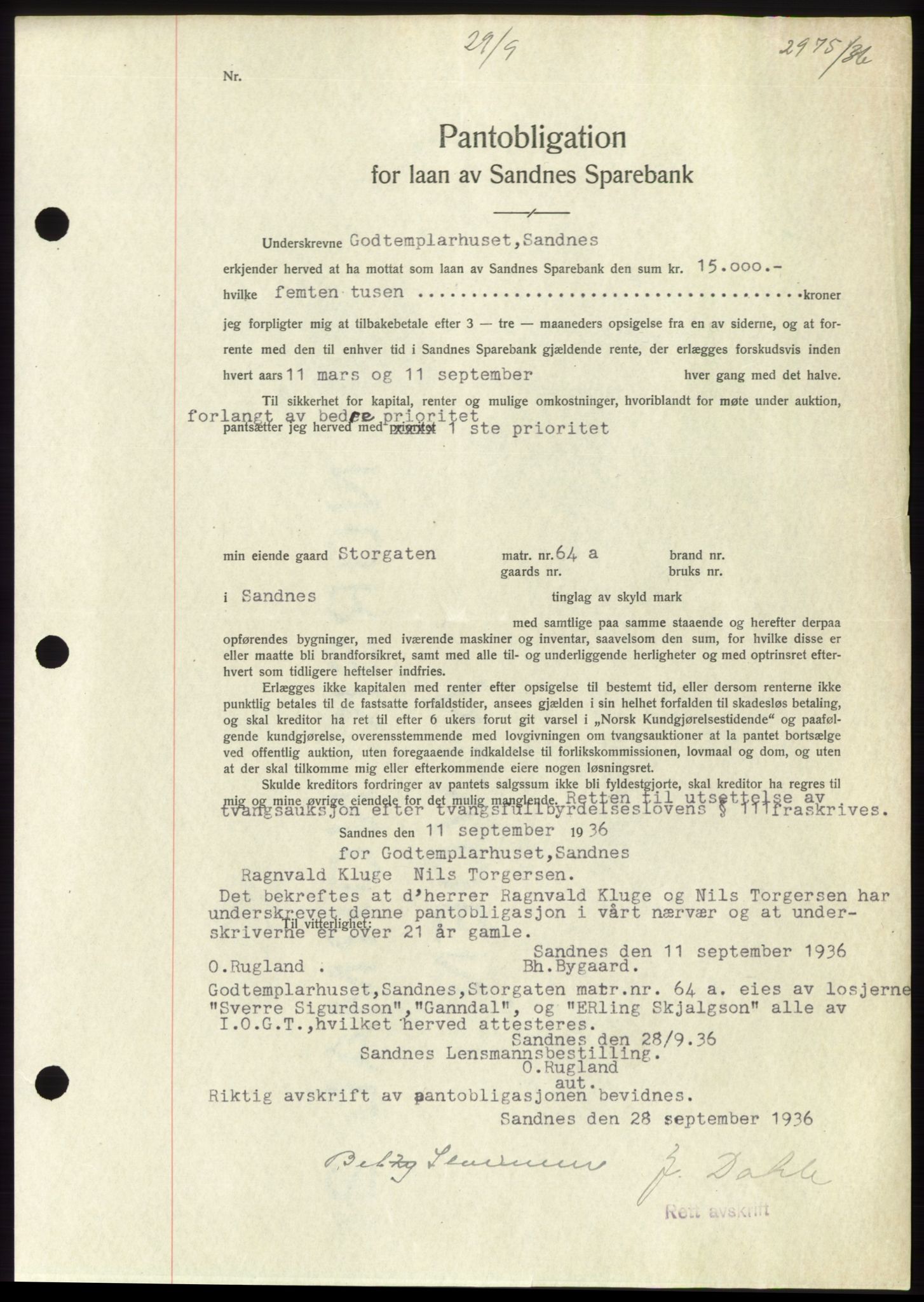 Jæren sorenskriveri, AV/SAST-A-100310/03/G/Gba/L0066: Mortgage book no. 71-72, 1936-1936, Diary no: : 2975/1936