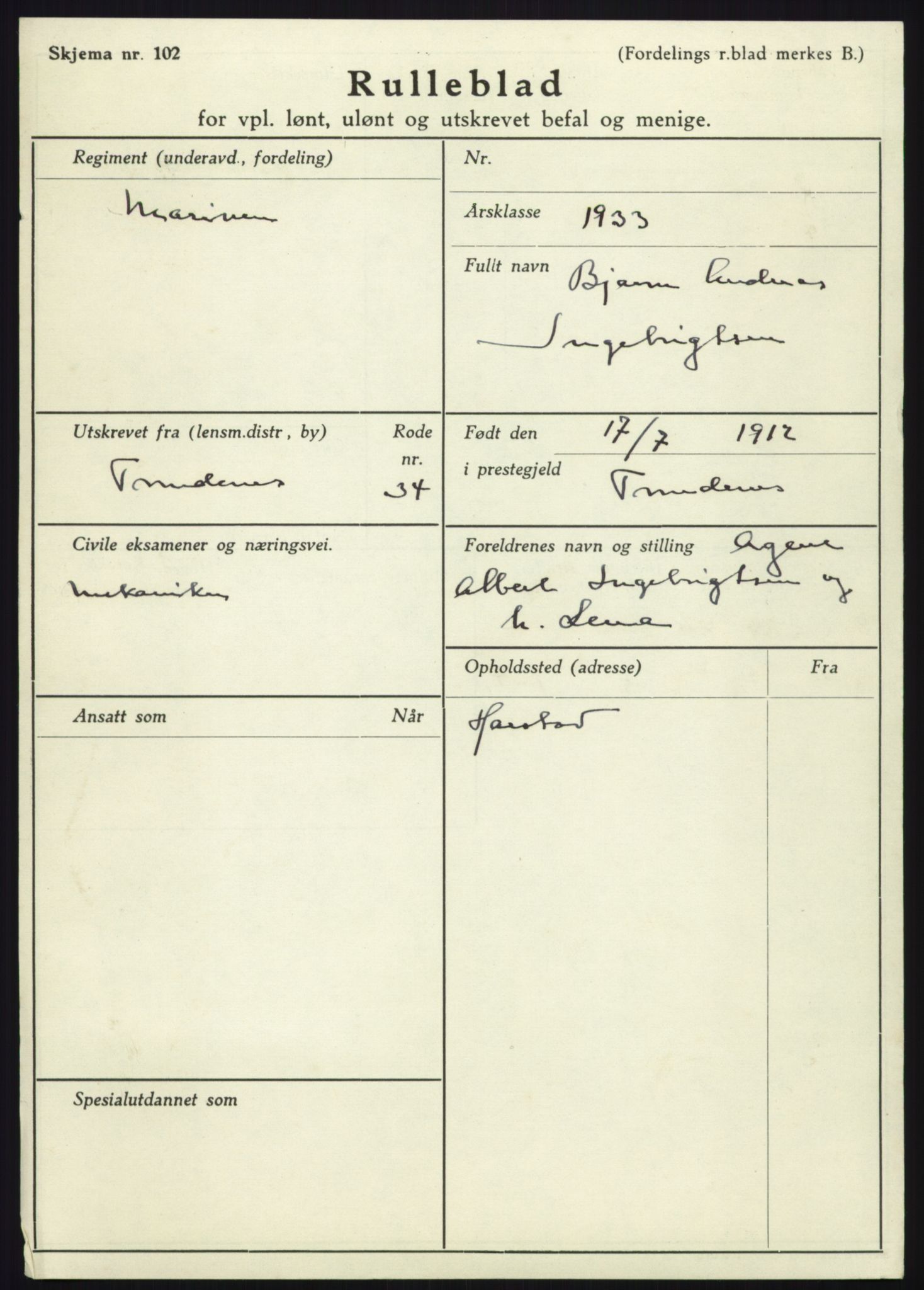 Forsvaret, Troms infanteriregiment nr. 16, AV/RA-RAFA-3146/P/Pa/L0017: Rulleblad for regimentets menige mannskaper, årsklasse 1933, 1933, p. 507