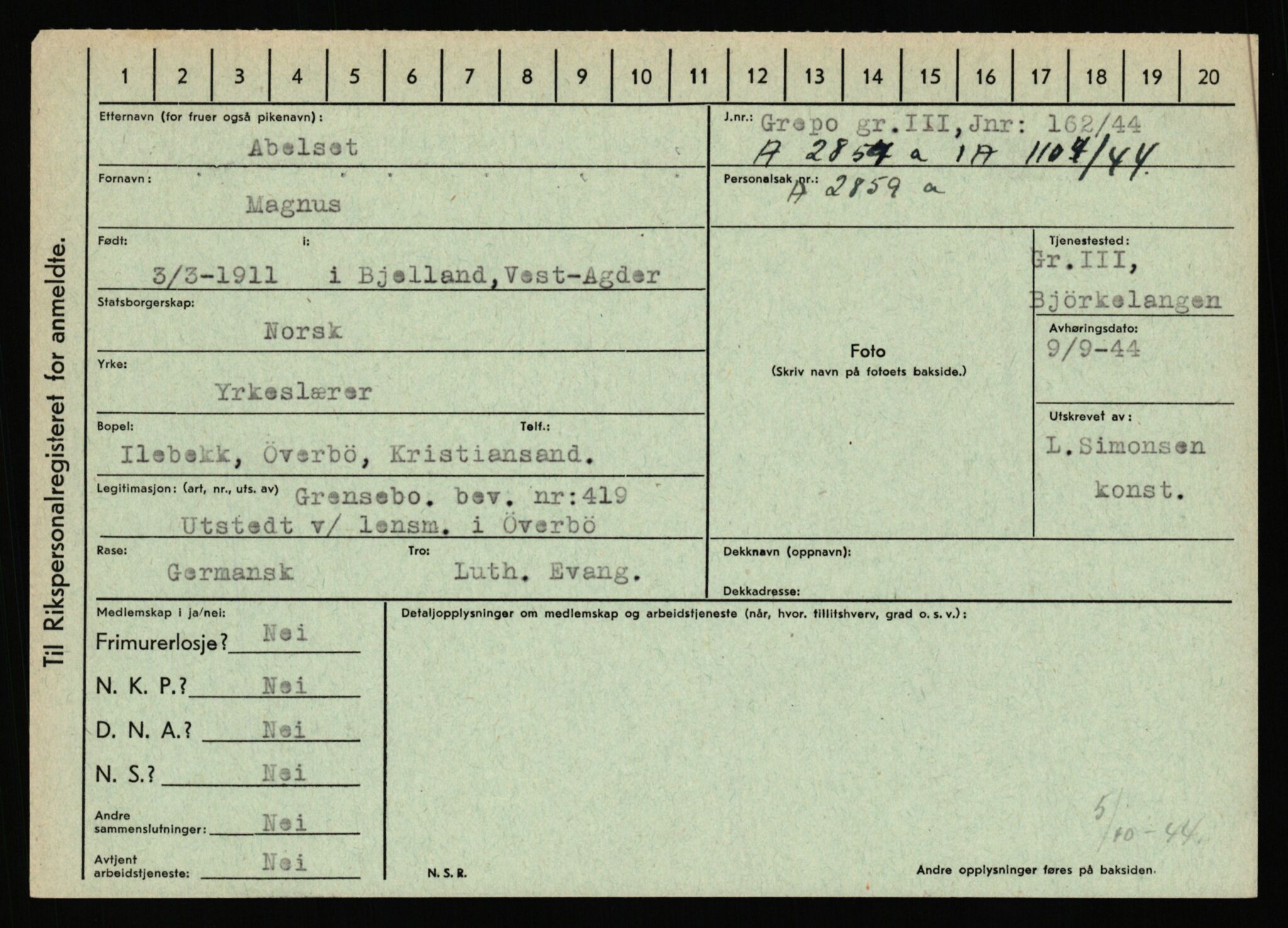 Statspolitiet - Hovedkontoret / Osloavdelingen, AV/RA-S-1329/C/Ca/L0001: Aabakken - Armann, 1943-1945, p. 966