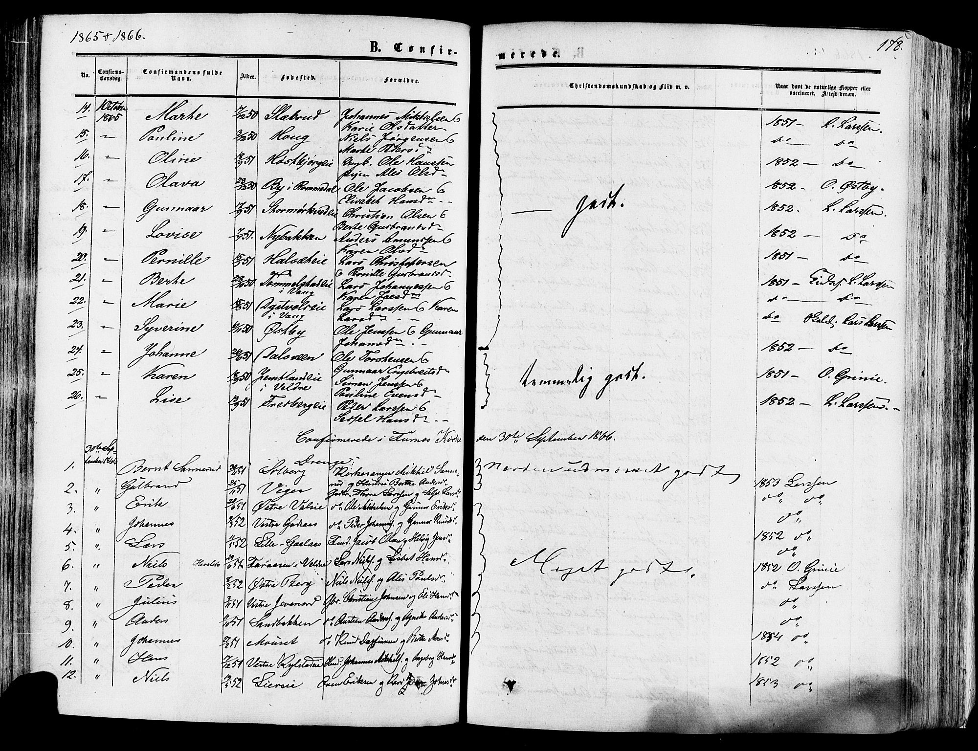 Vang prestekontor, Hedmark, SAH/PREST-008/H/Ha/Haa/L0013: Parish register (official) no. 13, 1855-1879, p. 178