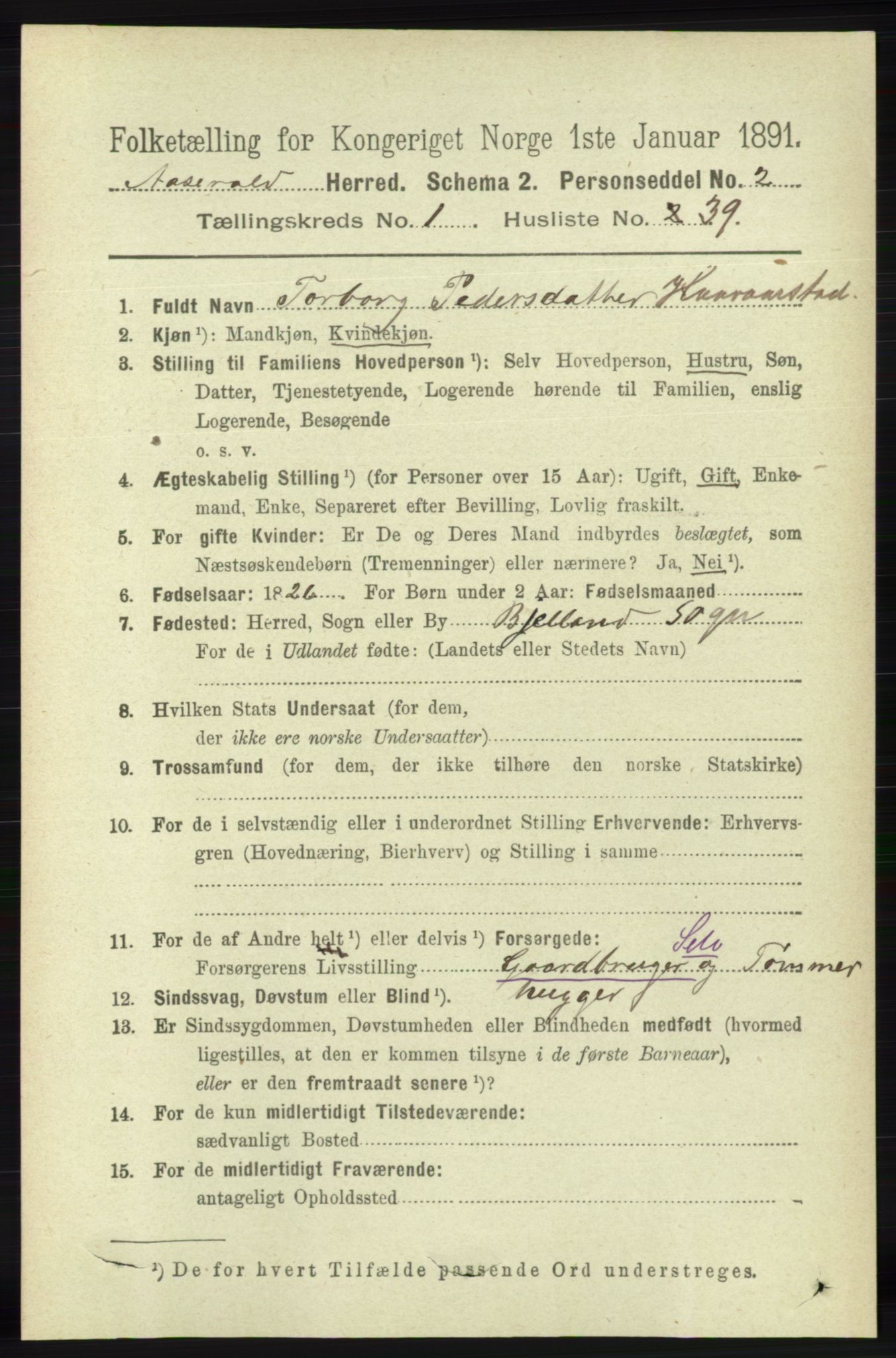 RA, 1891 census for 1026 Åseral, 1891, p. 319