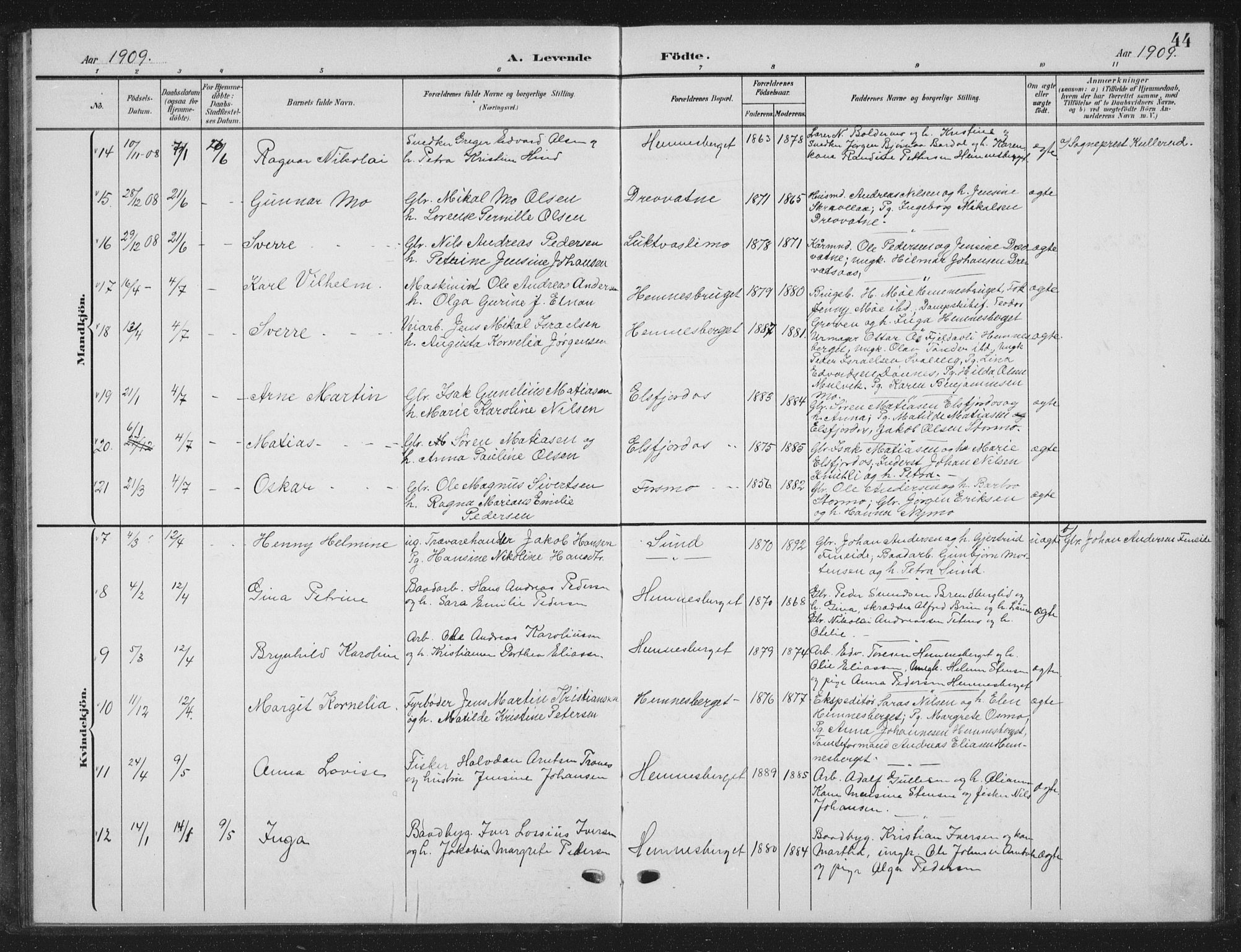 Ministerialprotokoller, klokkerbøker og fødselsregistre - Nordland, AV/SAT-A-1459/825/L0370: Parish register (copy) no. 825C07, 1903-1923, p. 44