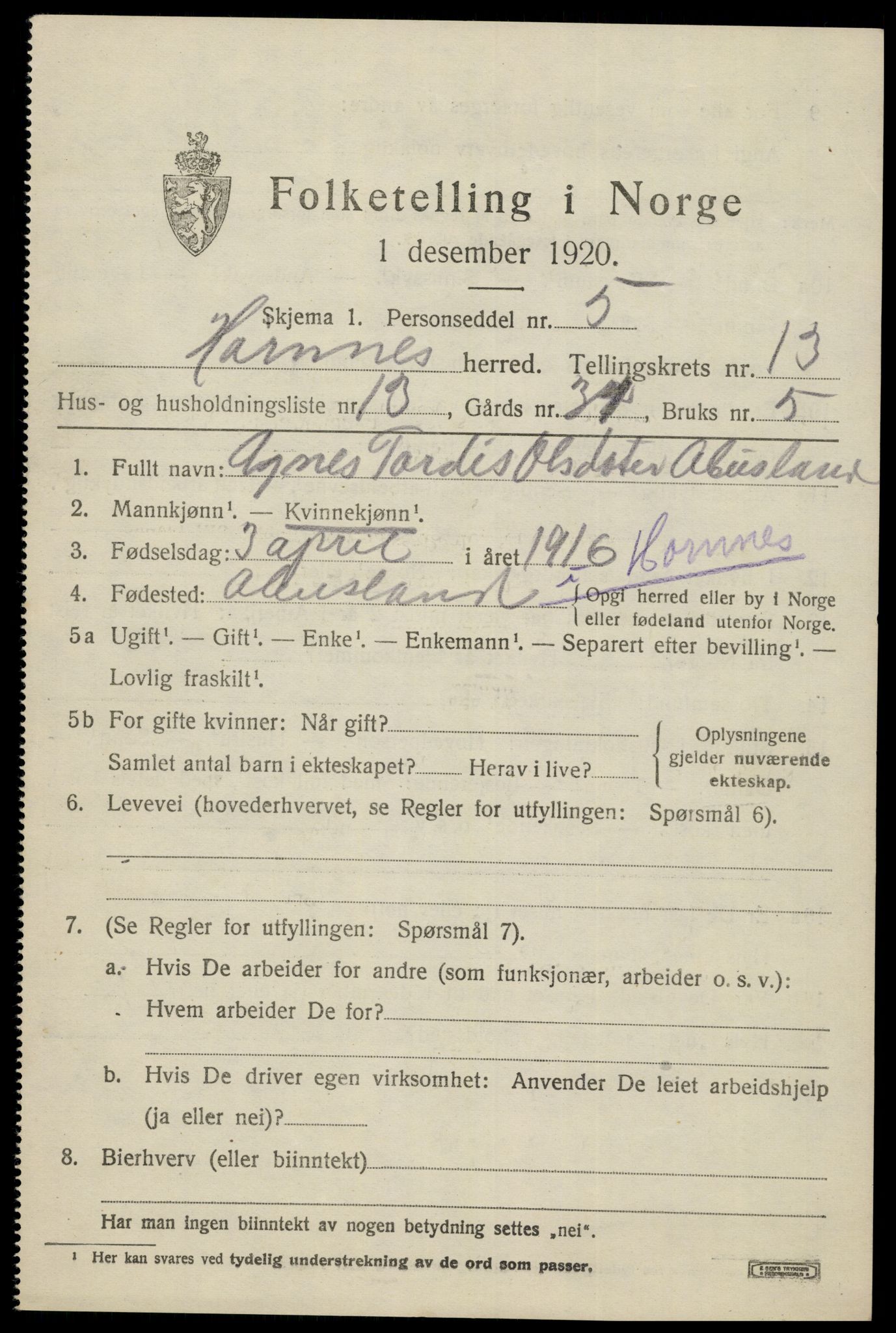 SAK, 1920 census for Hornnes, 1920, p. 3235