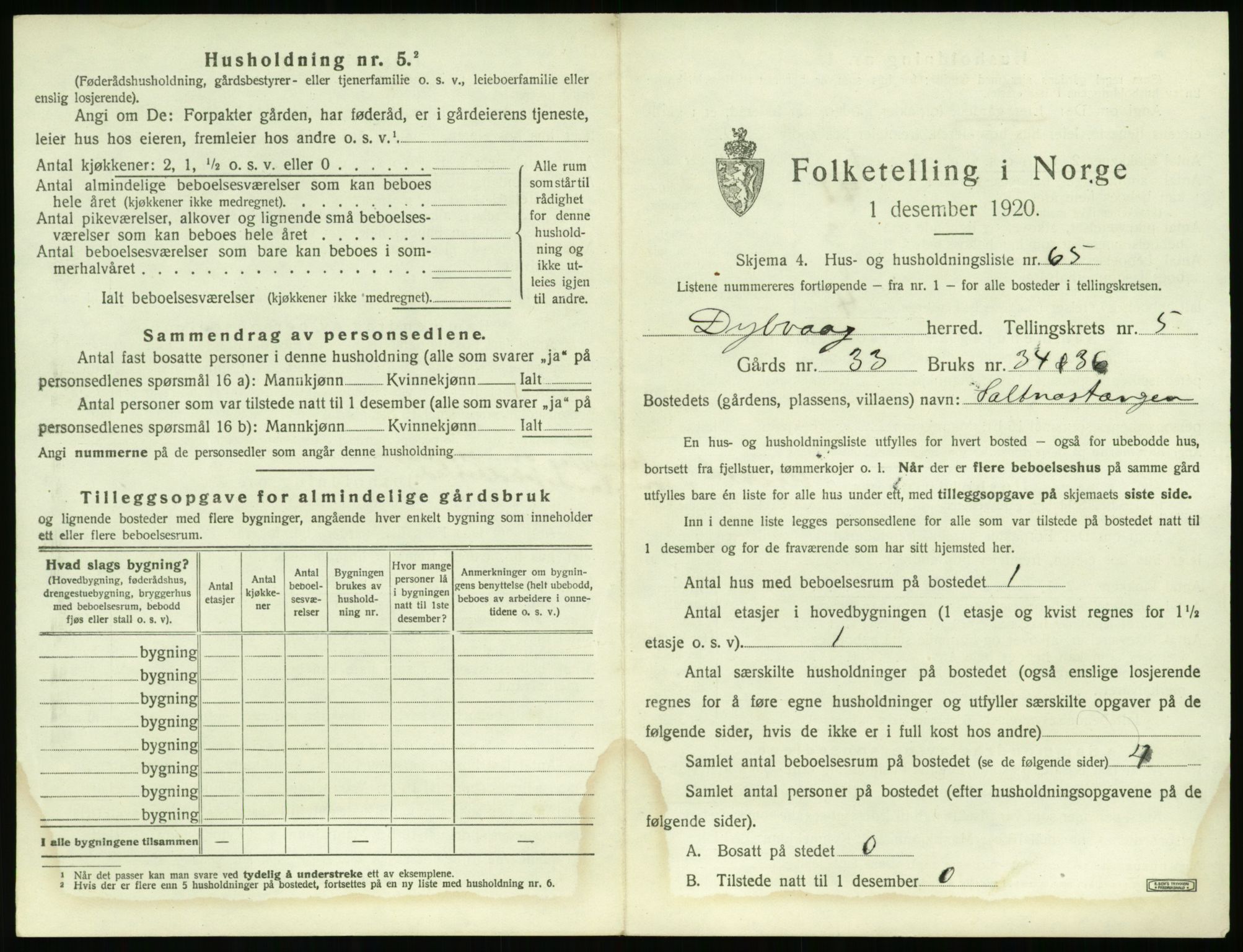 SAK, 1920 census for Dypvåg, 1920, p. 901