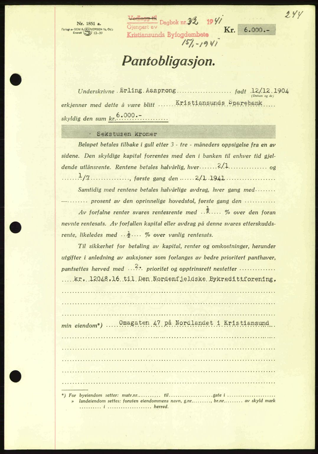 Kristiansund byfogd, AV/SAT-A-4587/A/27: Mortgage book no. 33, 1939-1941, Diary no: : 32/1941