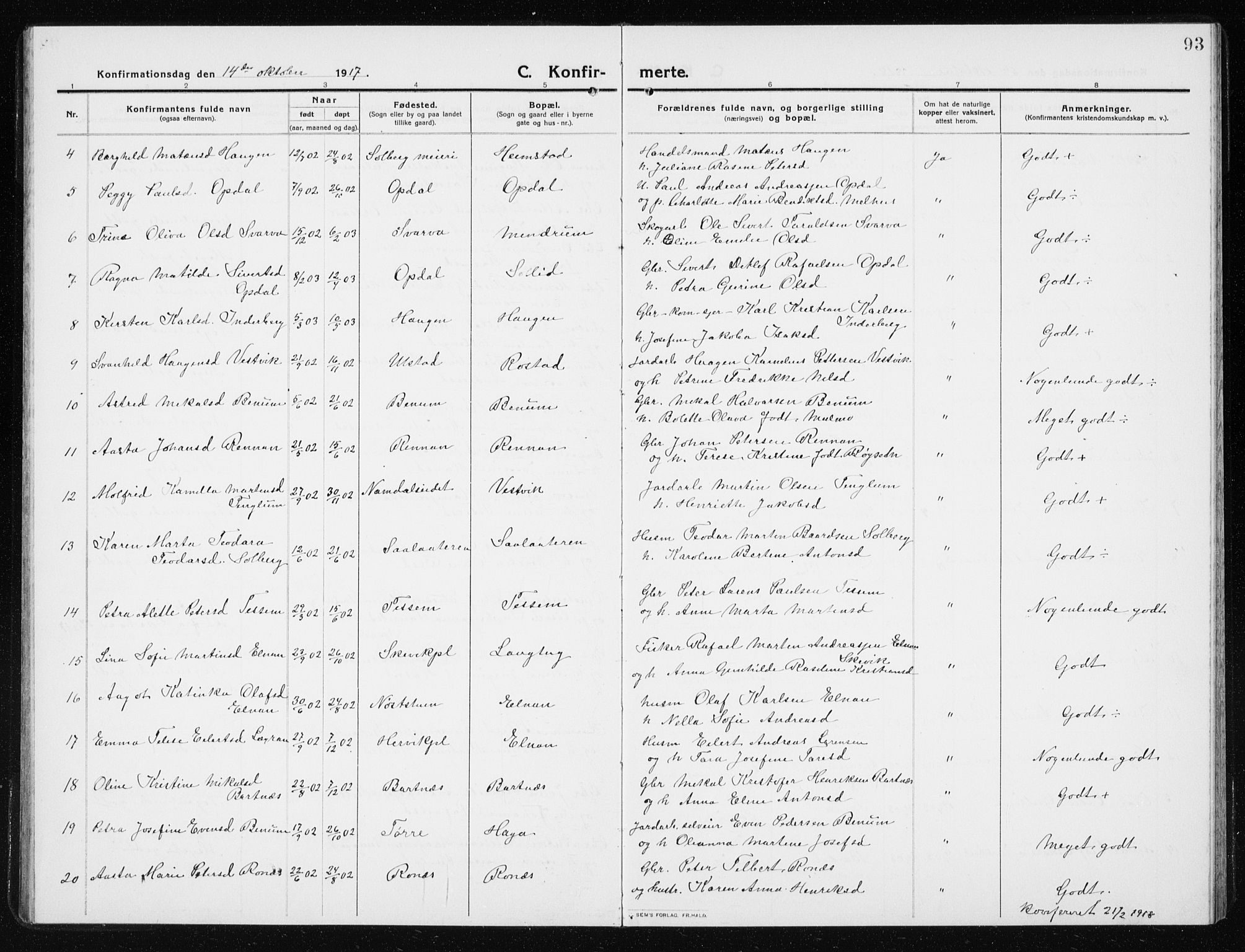 Ministerialprotokoller, klokkerbøker og fødselsregistre - Nord-Trøndelag, SAT/A-1458/741/L0402: Parish register (copy) no. 741C03, 1911-1926, p. 93