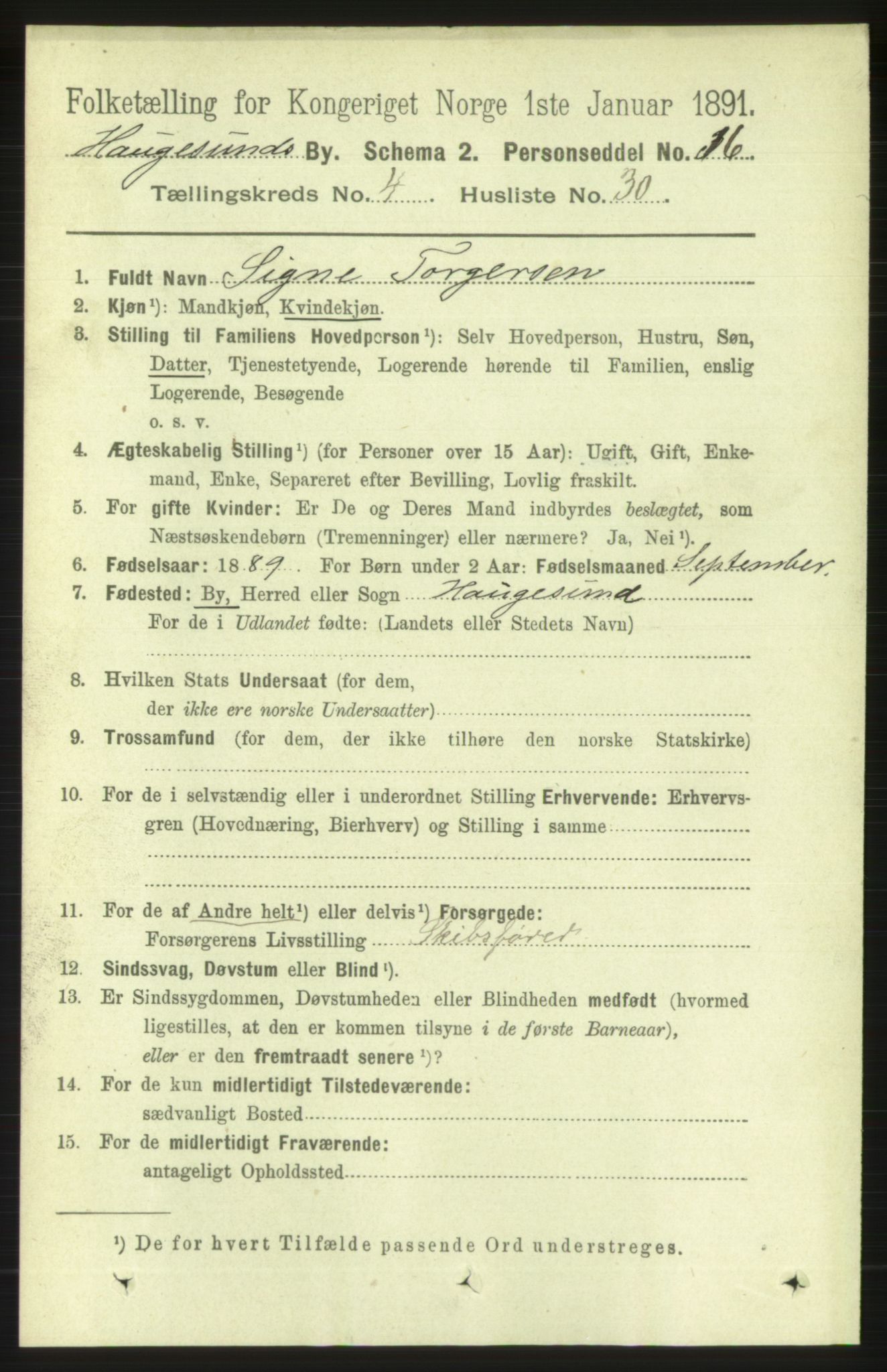 RA, 1891 census for 1106 Haugesund, 1891, p. 1613