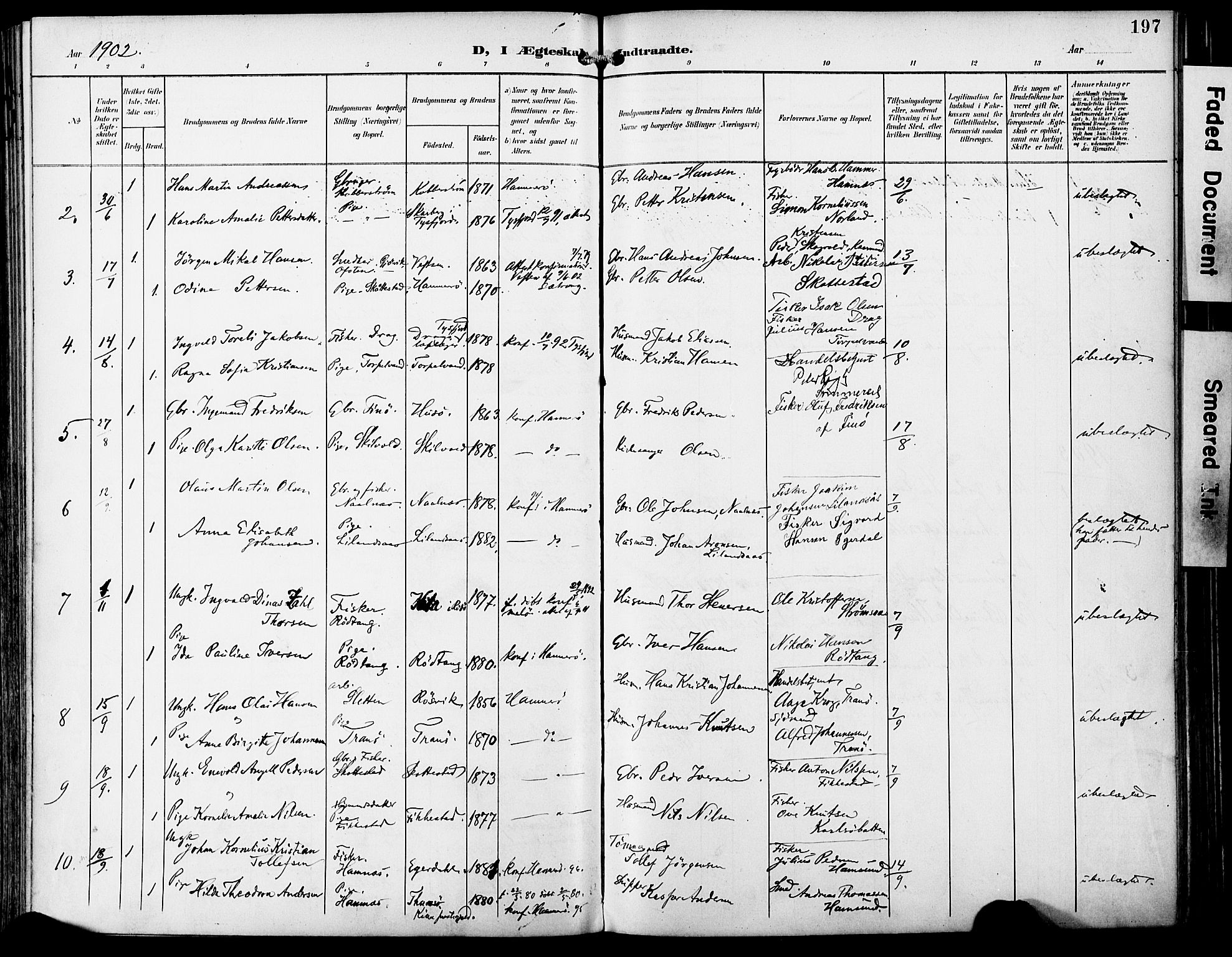 Ministerialprotokoller, klokkerbøker og fødselsregistre - Nordland, AV/SAT-A-1459/859/L0848: Parish register (official) no. 859A08, 1900-1912, p. 197