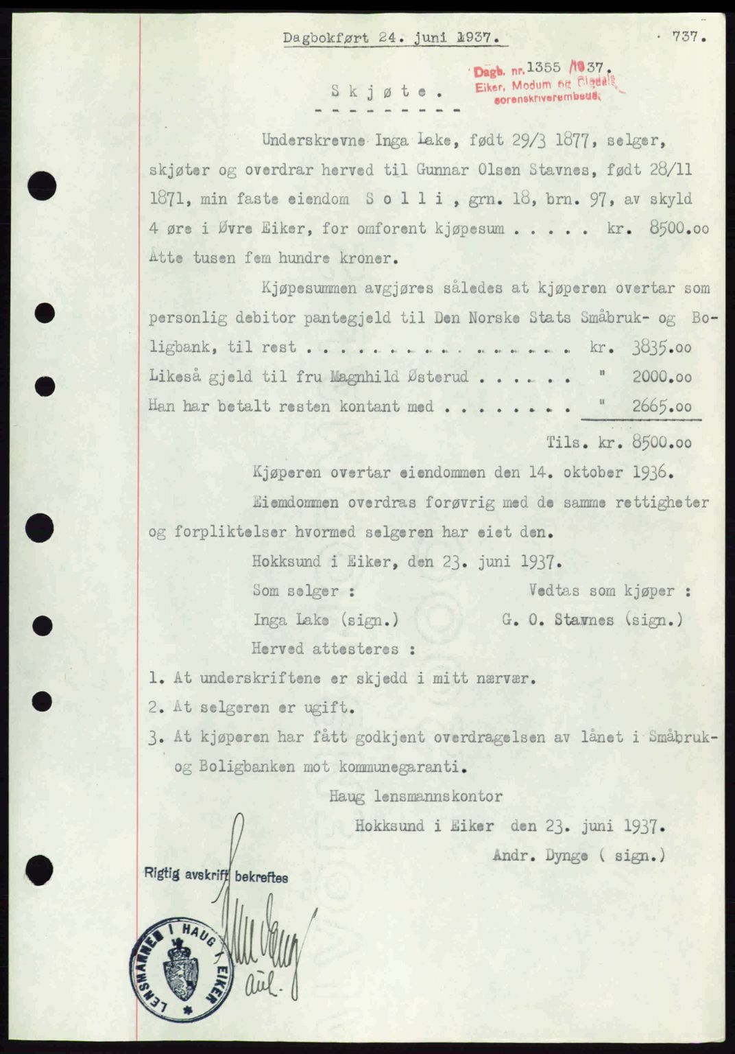 Eiker, Modum og Sigdal sorenskriveri, SAKO/A-123/G/Ga/Gab/L0035: Mortgage book no. A5, 1937-1937, Diary no: : 1355/1937