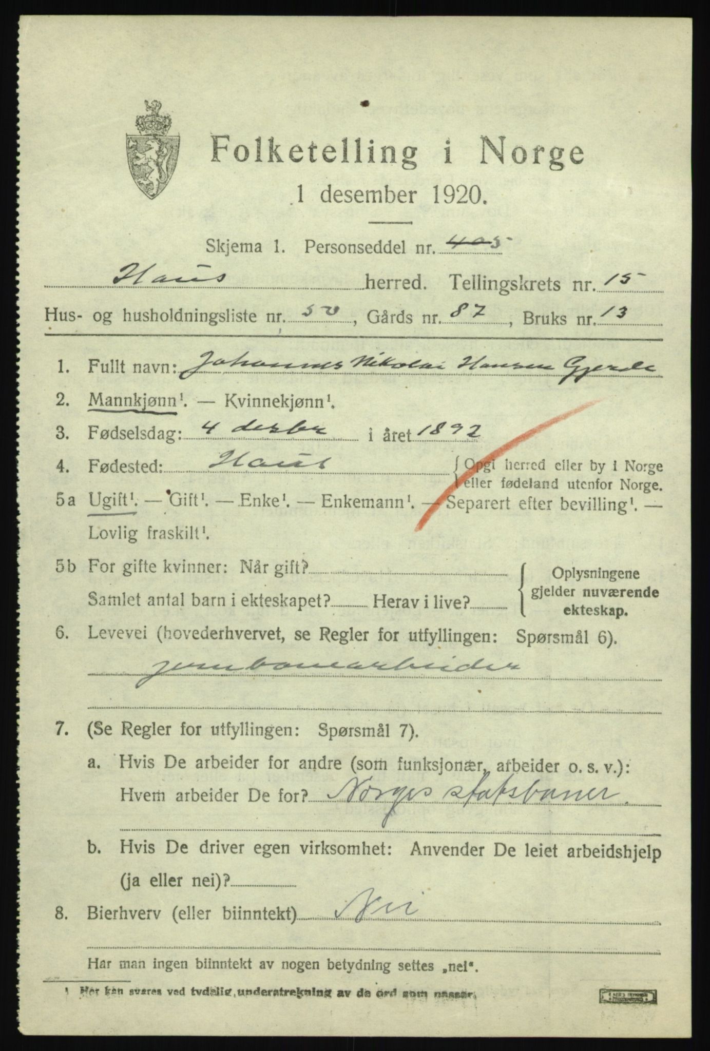 SAB, 1920 census for Haus, 1920, p. 9998