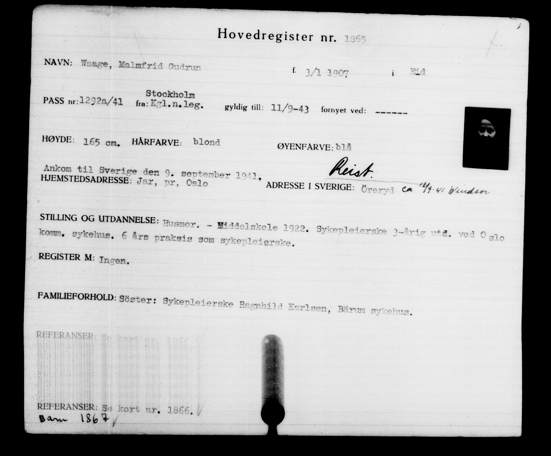 Den Kgl. Norske Legasjons Flyktningskontor, AV/RA-S-6753/V/Va/L0002: Kjesäterkartoteket.  Flyktningenr. 1001-2000, 1940-1945, p. 1232