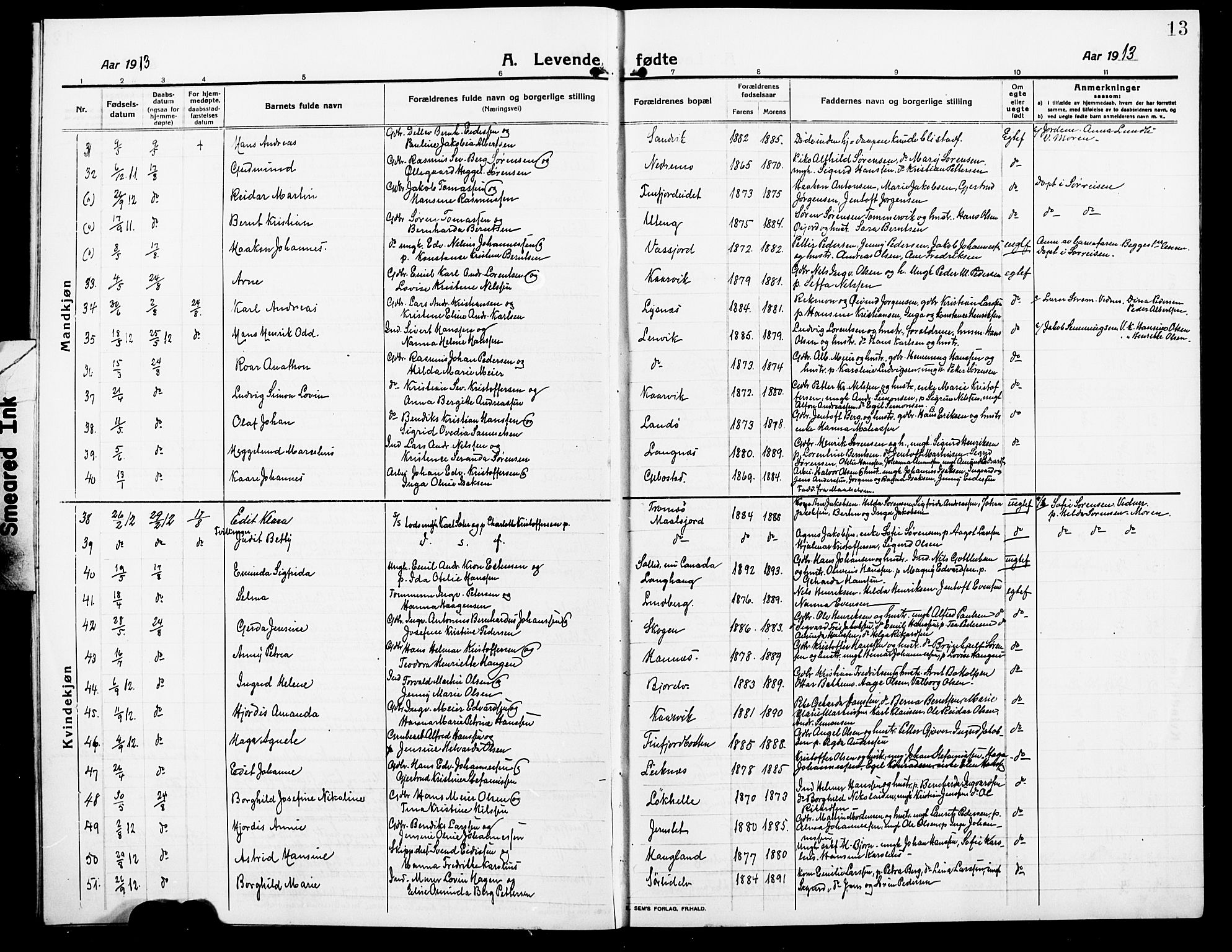 Lenvik sokneprestembete, AV/SATØ-S-1310/H/Ha/Hab/L0009klokker: Parish register (copy) no. 9, 1912-1926, p. 13