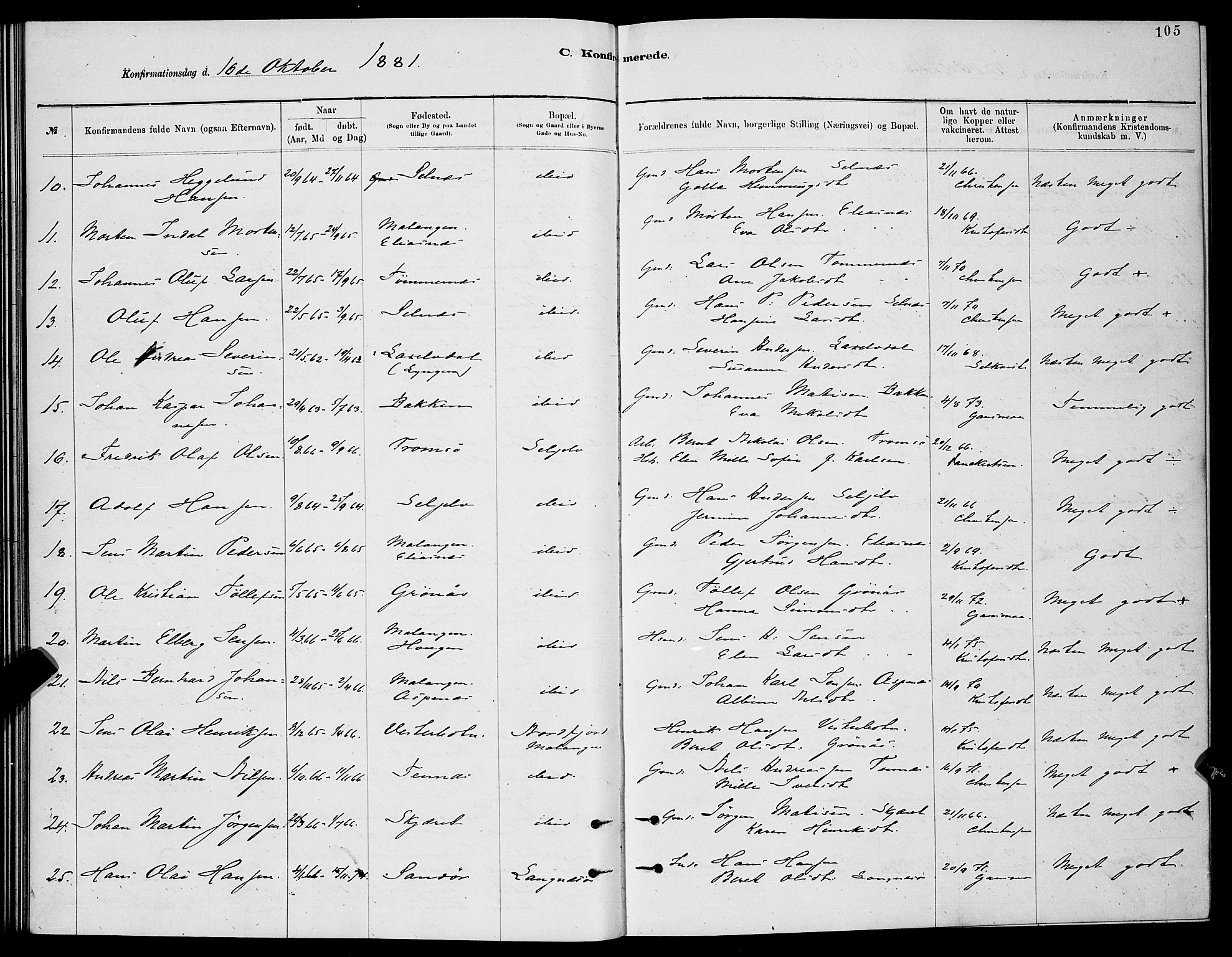 Balsfjord sokneprestembete, AV/SATØ-S-1303/G/Ga/L0007klokker: Parish register (copy) no. 7, 1878-1889, p. 105