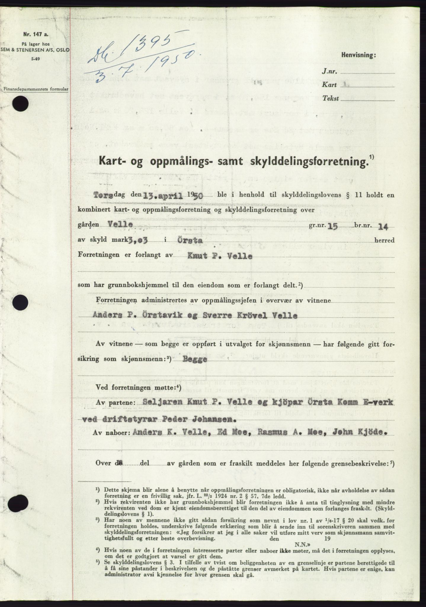 Søre Sunnmøre sorenskriveri, AV/SAT-A-4122/1/2/2C/L0087: Mortgage book no. 13A, 1950-1950, Diary no: : 1395/1950