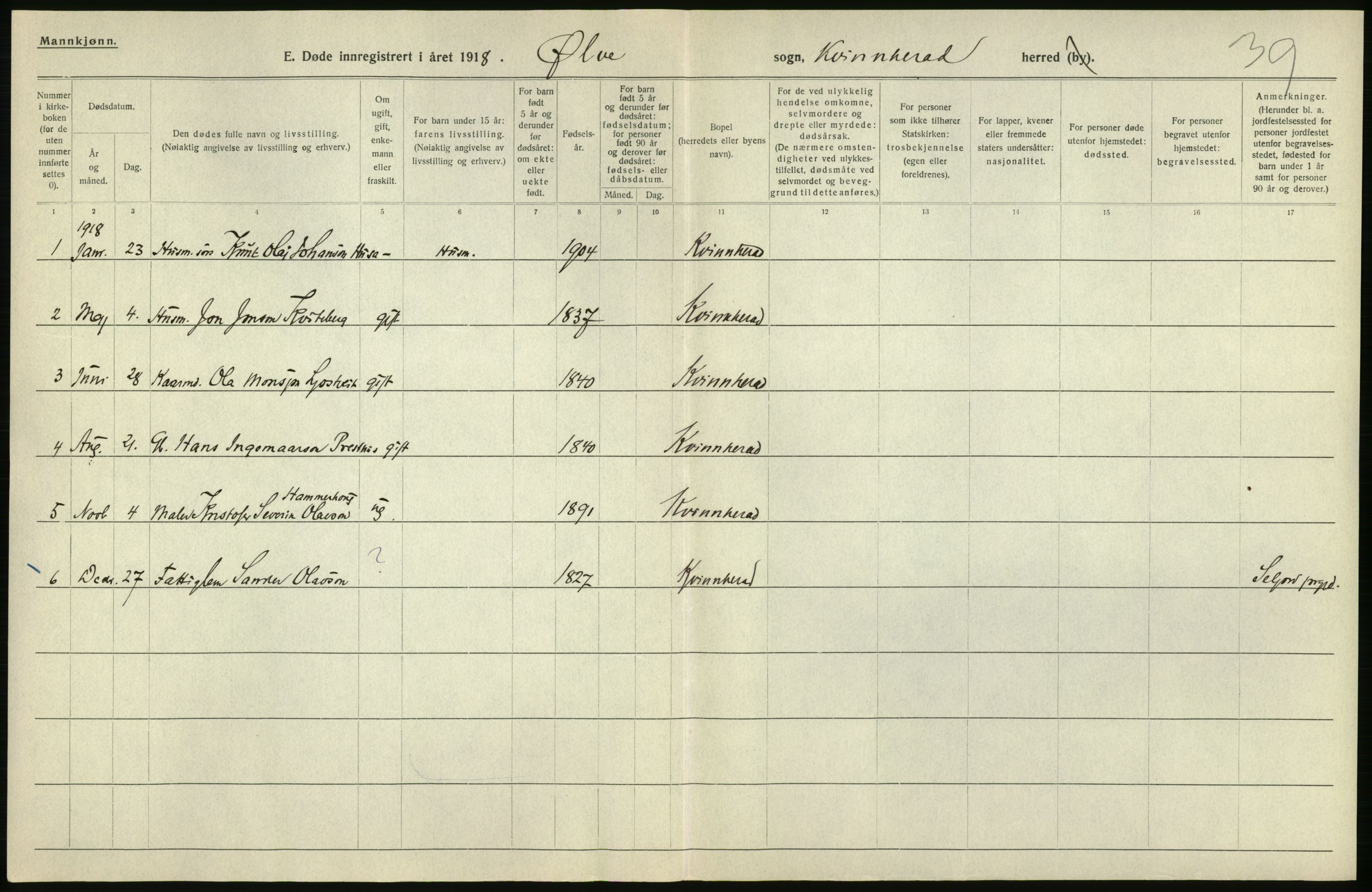 Statistisk sentralbyrå, Sosiodemografiske emner, Befolkning, AV/RA-S-2228/D/Df/Dfb/Dfbh/L0036: Hordaland fylke: Døde., 1918, p. 14