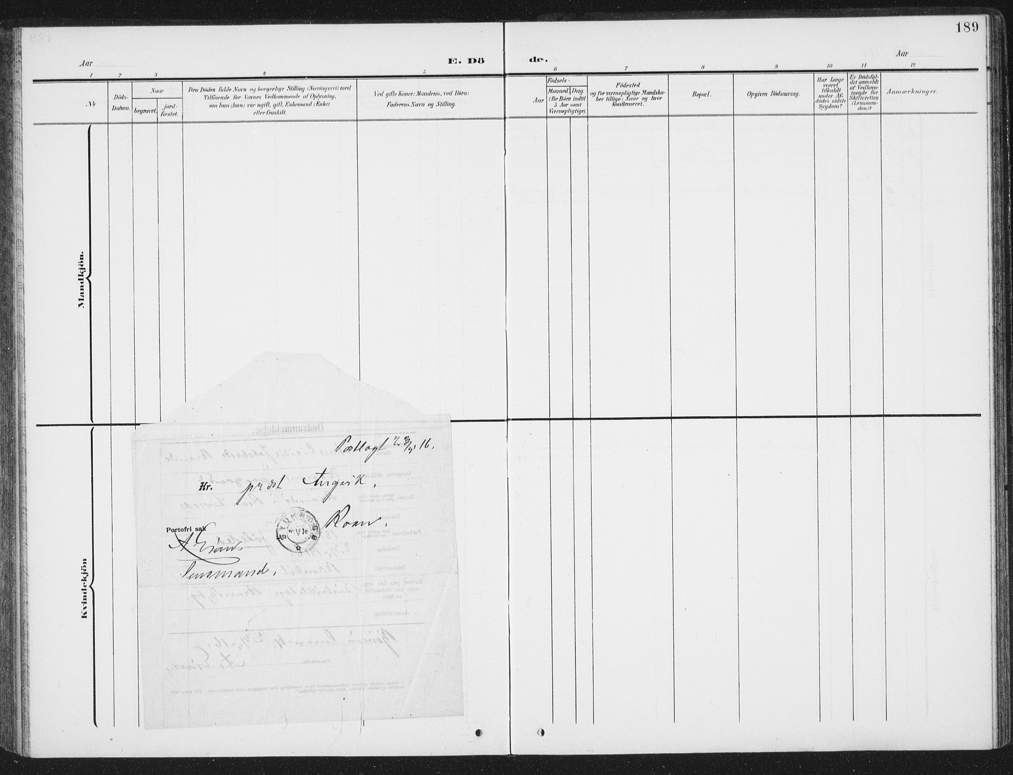 Ministerialprotokoller, klokkerbøker og fødselsregistre - Sør-Trøndelag, SAT/A-1456/657/L0709: Parish register (official) no. 657A10, 1905-1919, p. 189