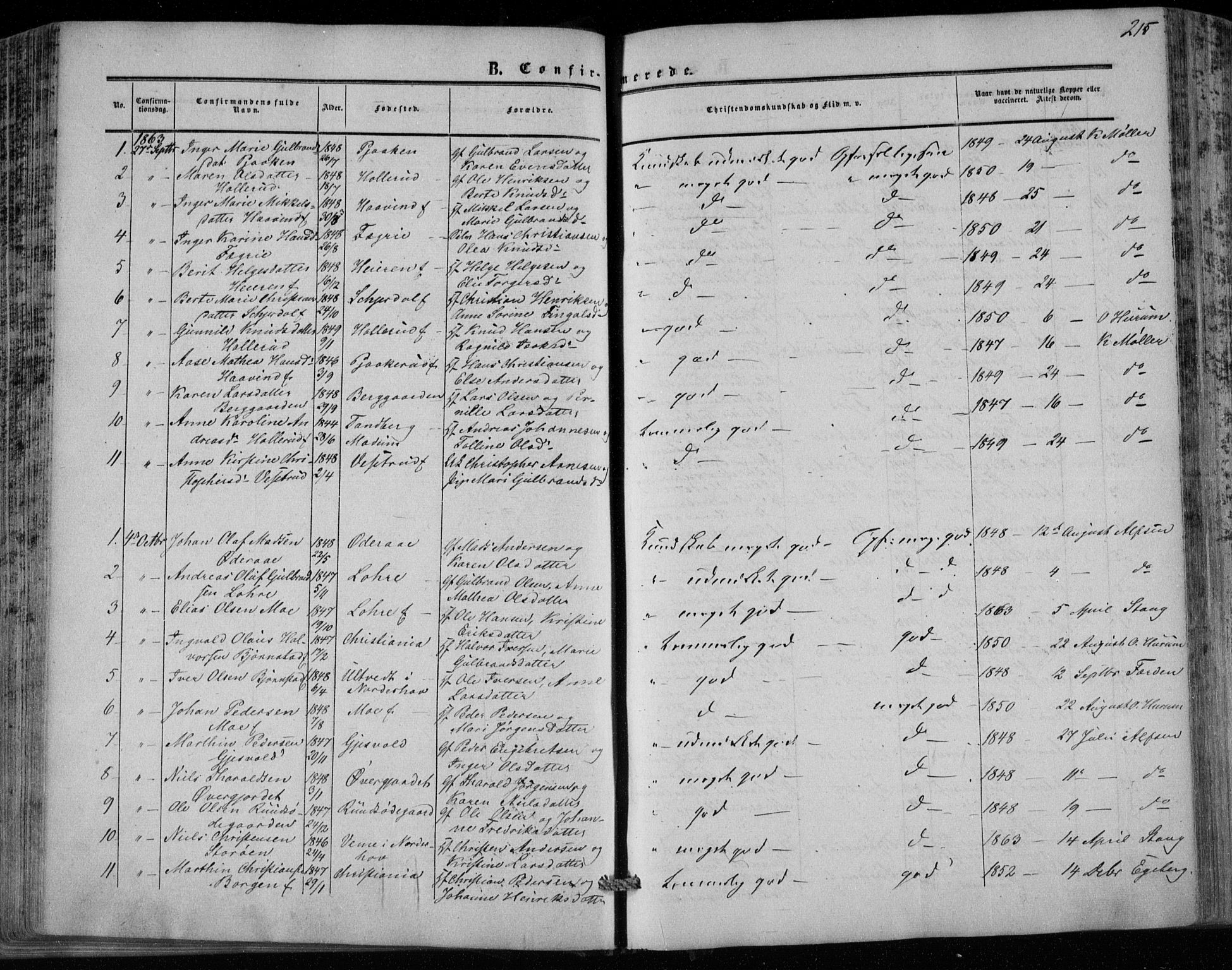 Hole kirkebøker, SAKO/A-228/F/Fa/L0006: Parish register (official) no. I 6, 1852-1872, p. 215