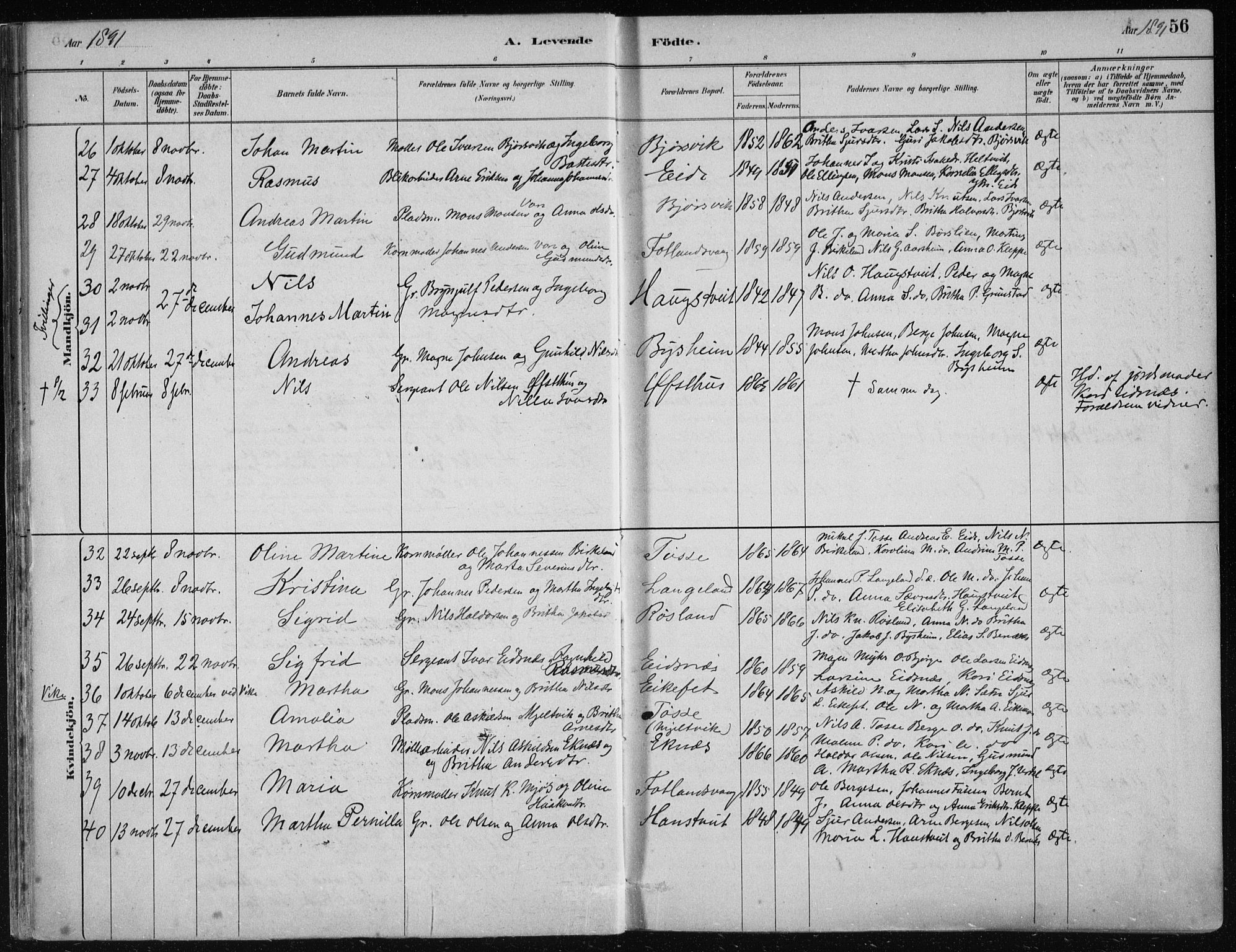 Hosanger sokneprestembete, AV/SAB-A-75801/H/Haa: Parish register (official) no. B  1, 1880-1896, p. 56